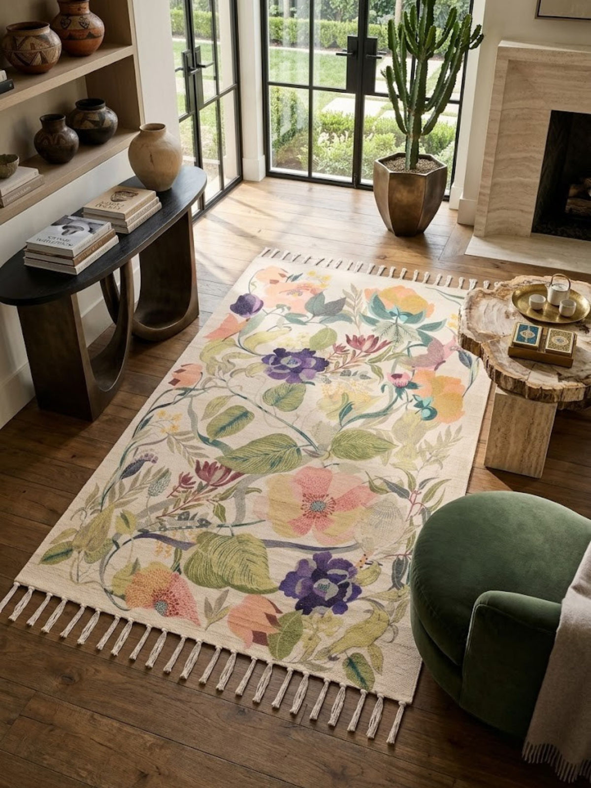 Cotton rug with a blush-toned botanical print, styled in a living room beside a chair and side table.