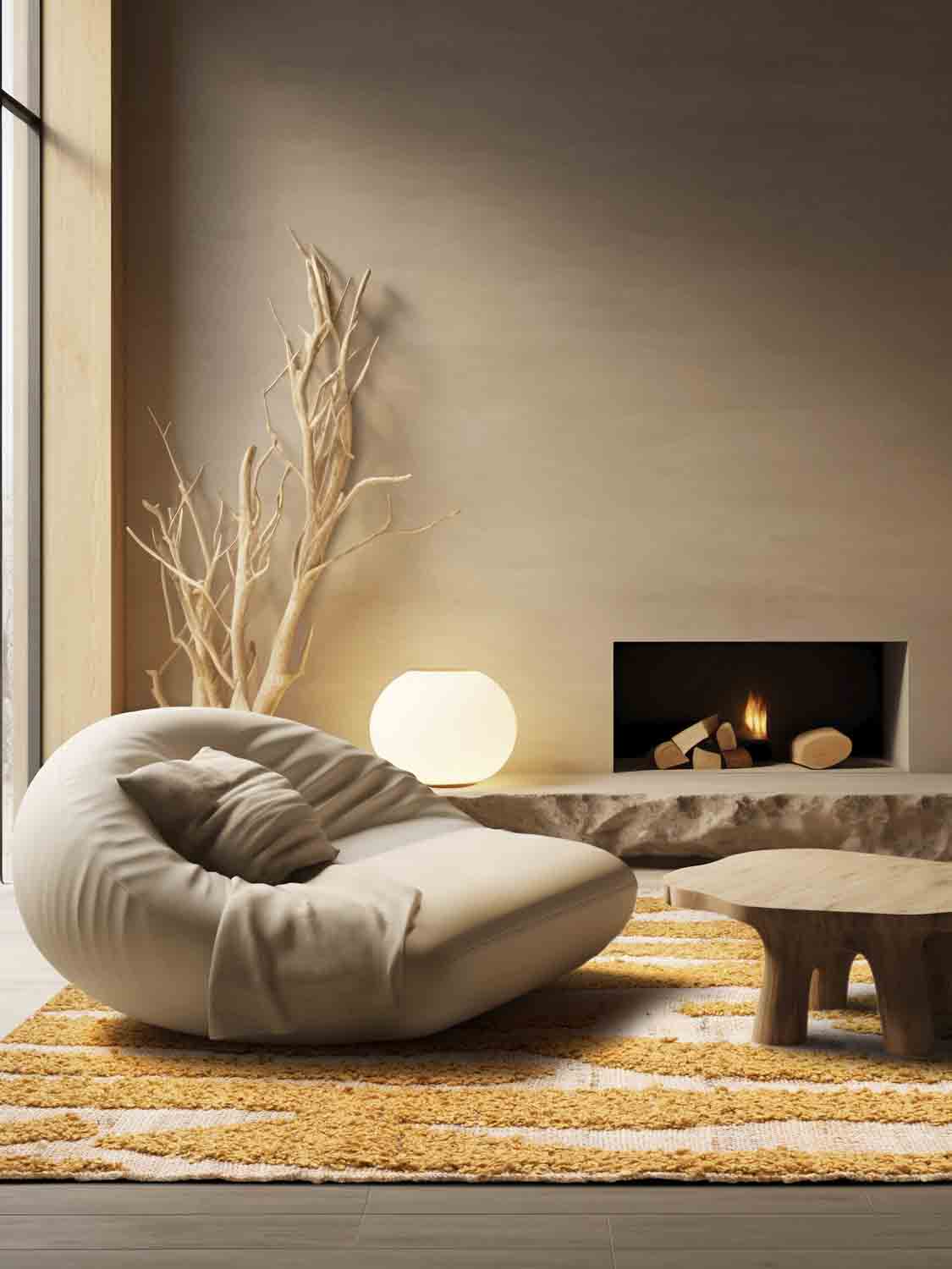 Organic striped rug in warm tones placed in a living room setting, highlighting scale and visual softness