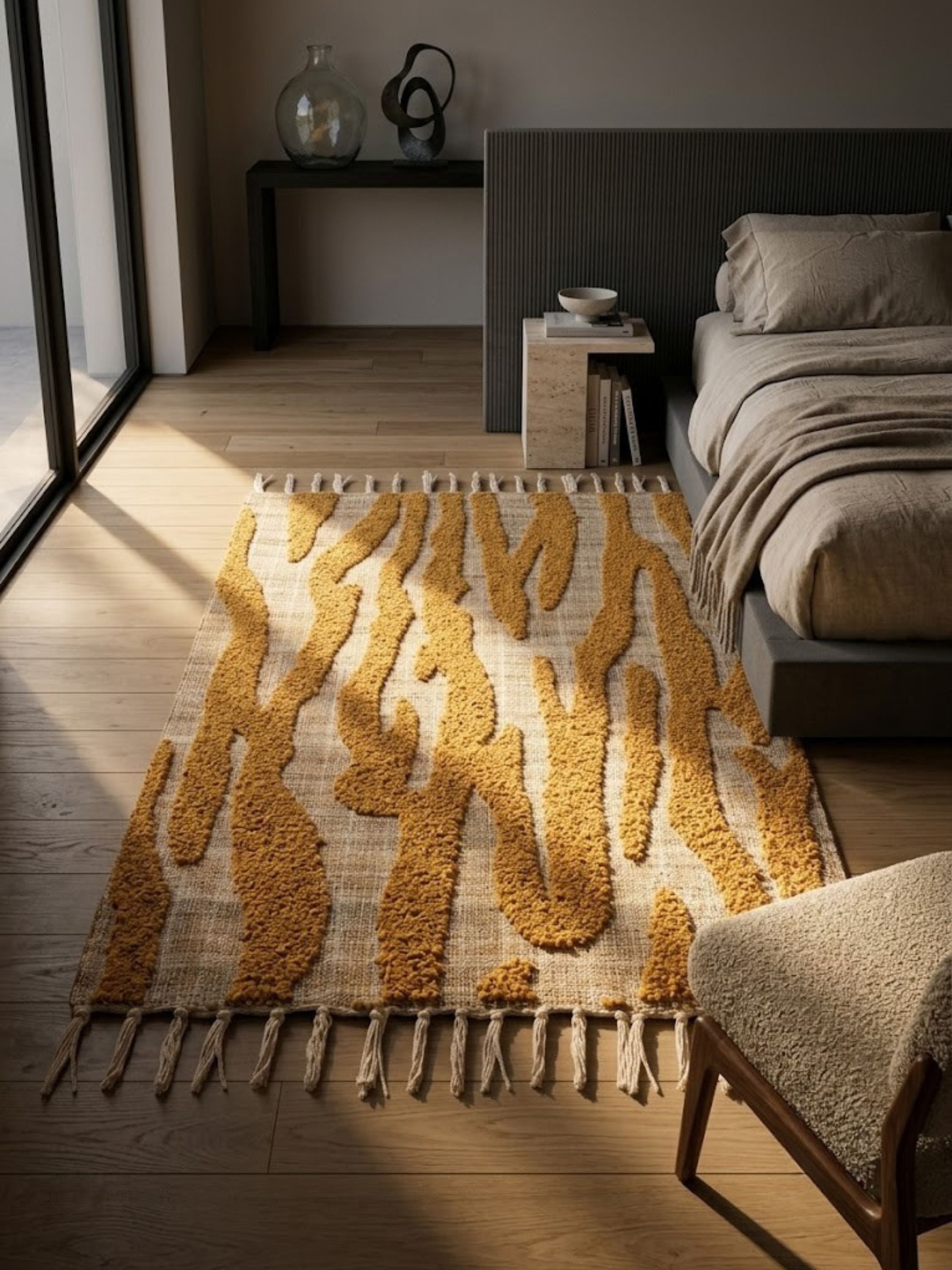 Jute, wool, and cotton rug with a fringed edge, styled in a guest bedroom.
