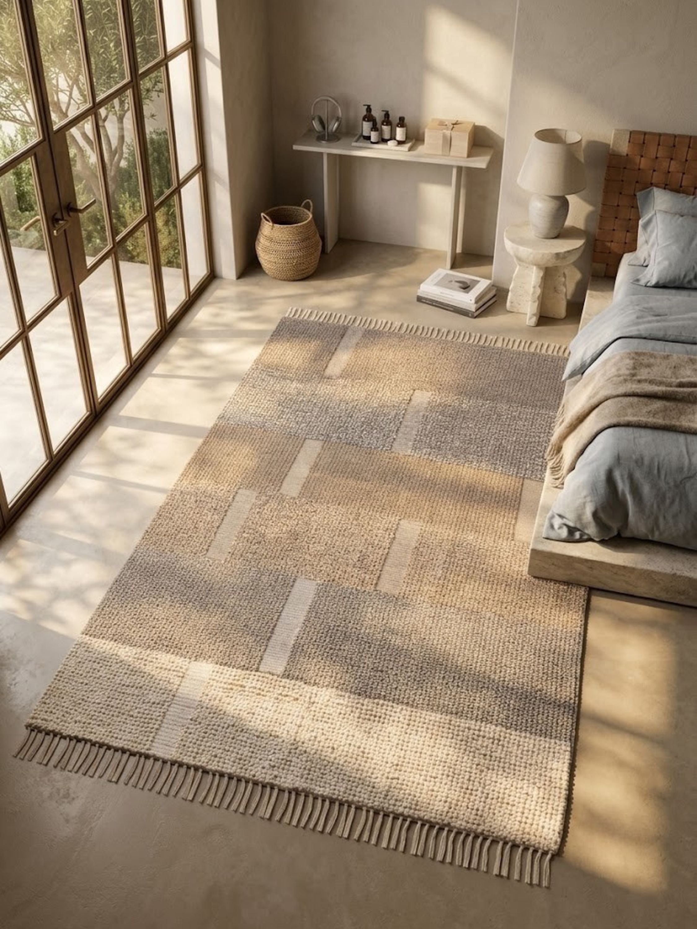 Wool and cotton rug with tonal banding, styled in a primary bedroom.
