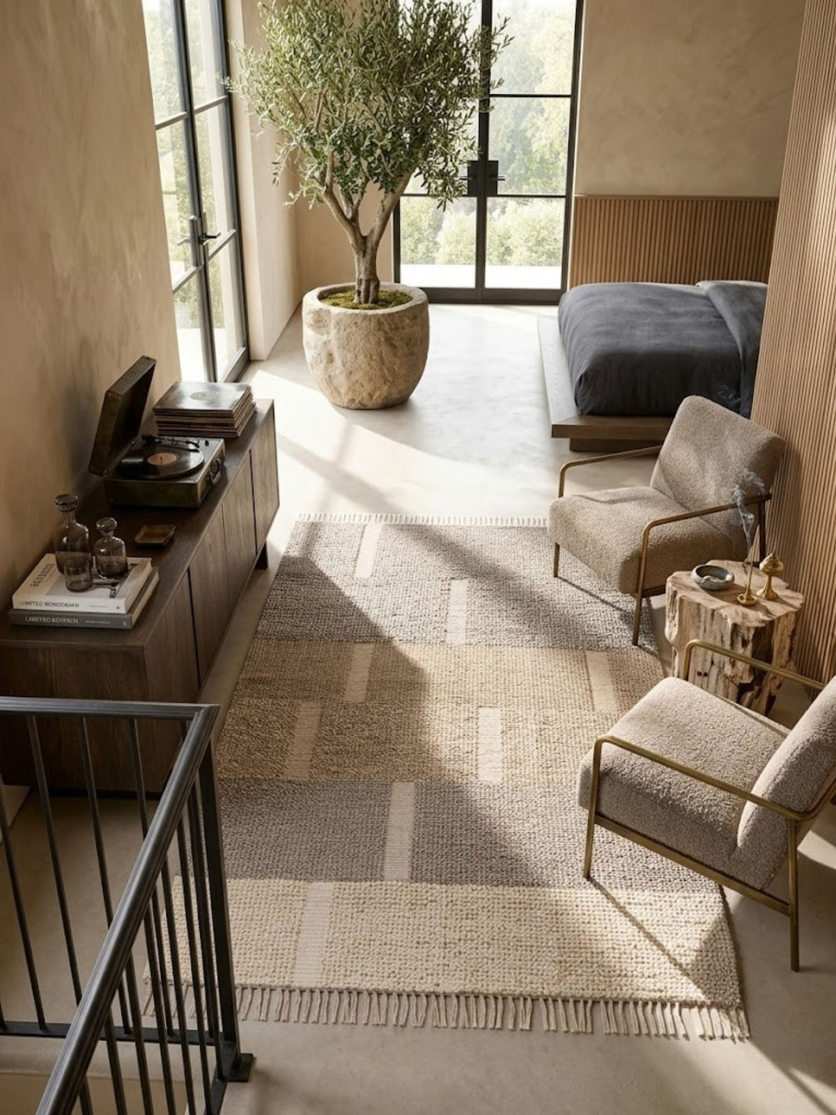 Wool and cotton rug with a chunky loop texture, styled in a living room.