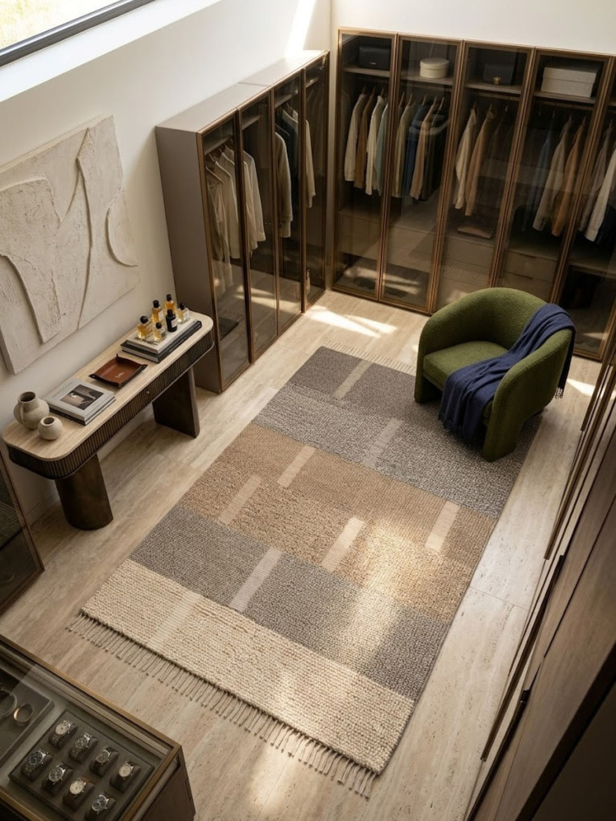 Wool and cotton rug shown in a walk-in closet to illustrate scale and texture.