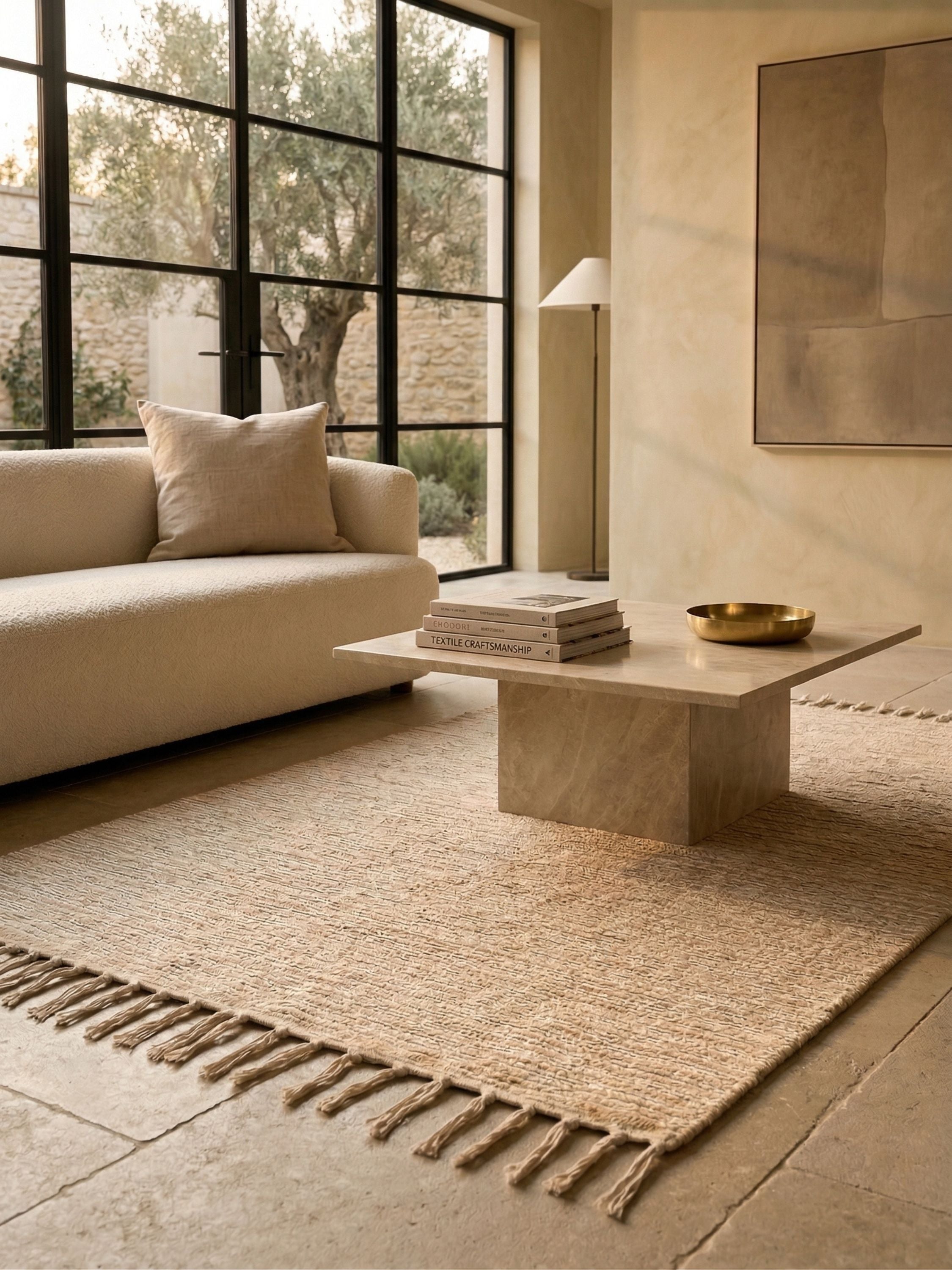 Textured neutral area rug with fringe styling beneath a sculptural stone coffee table in a calm, sunlit living room