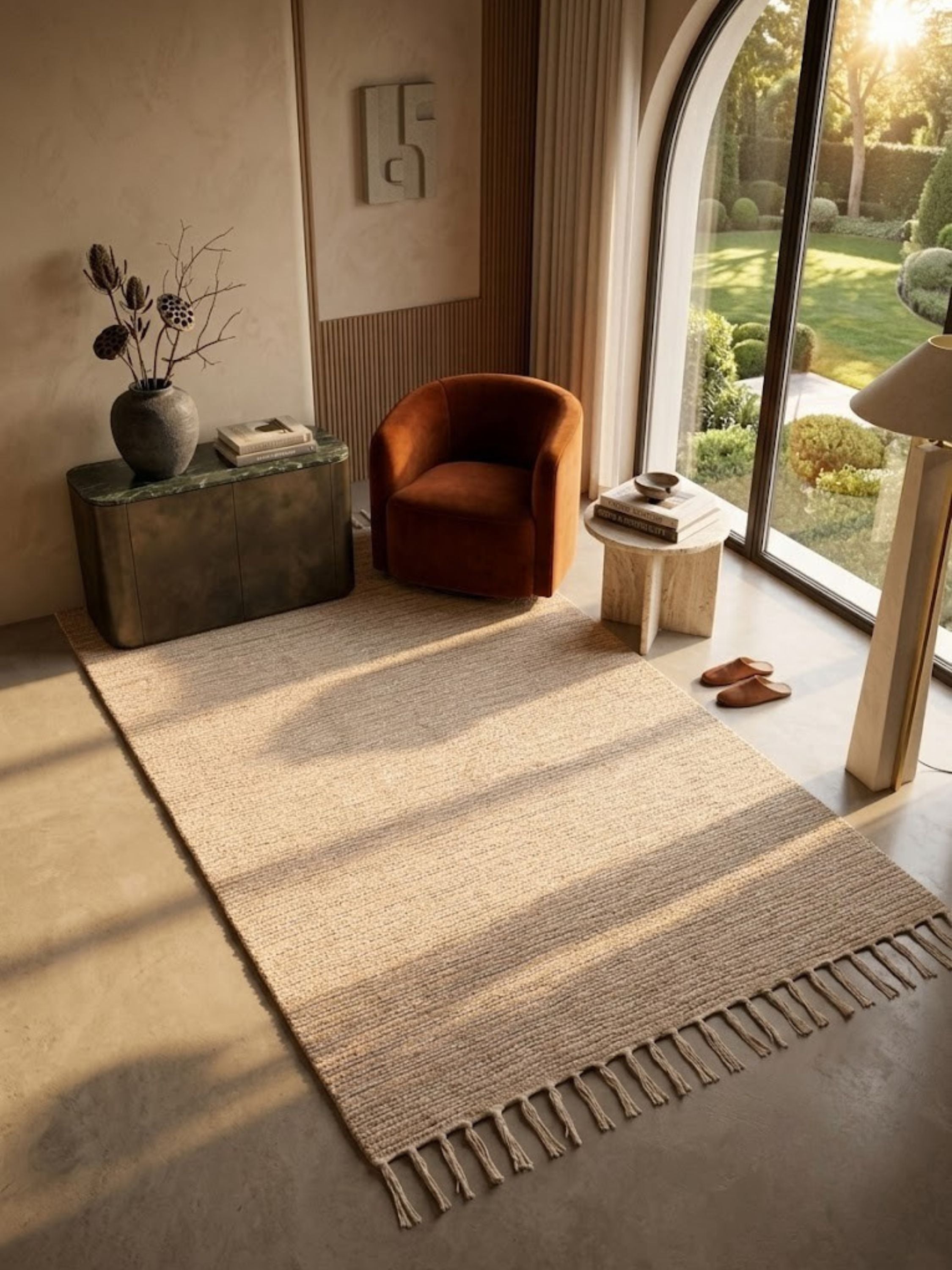 Off-white jute, wool, and cotton rug styled in a sunlit room near glass doors, tonal ribbed texture.