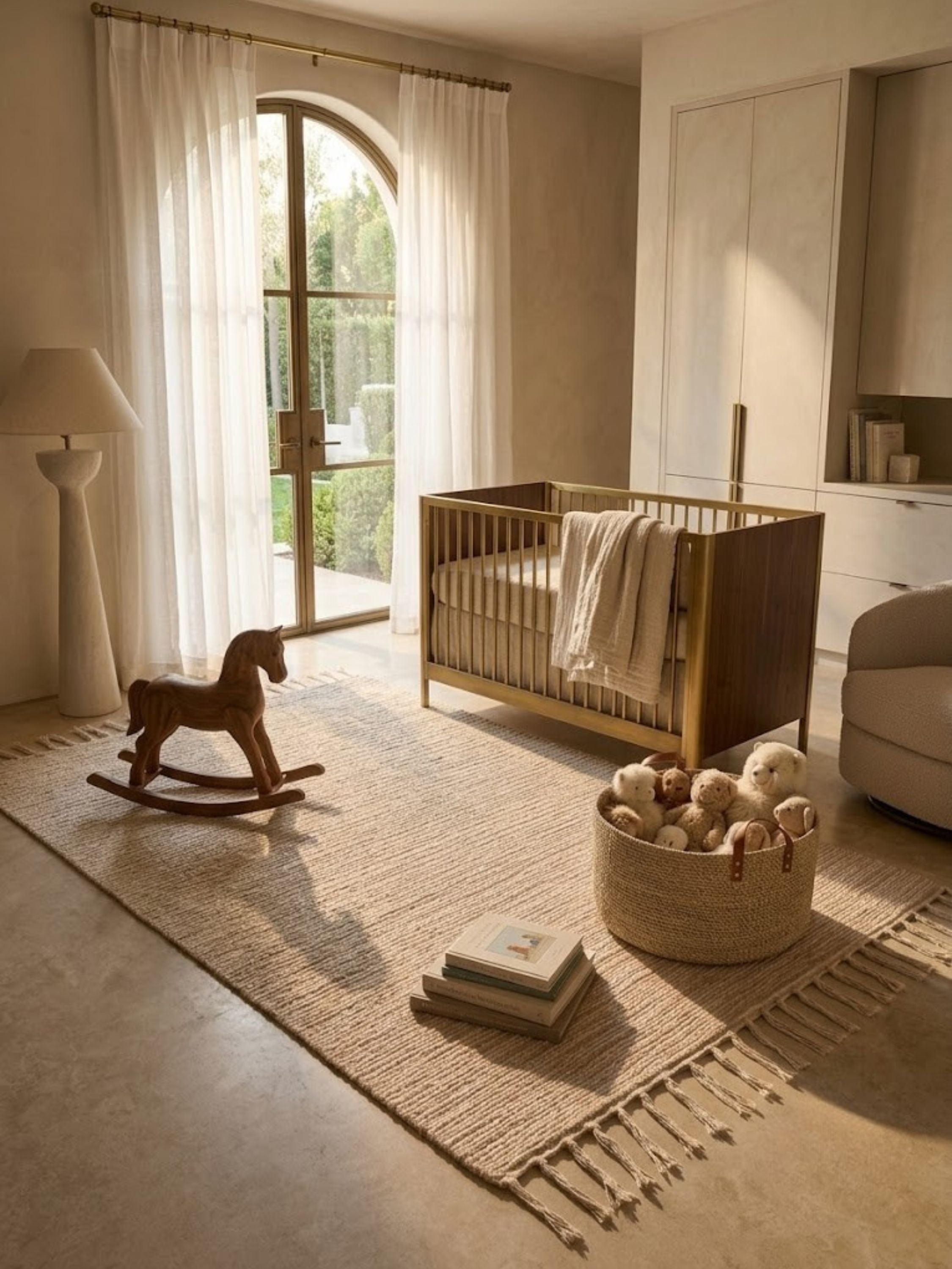 Off-white jute, wool, and cotton rug styled in a living room setting, looped and flat-woven rows visible.