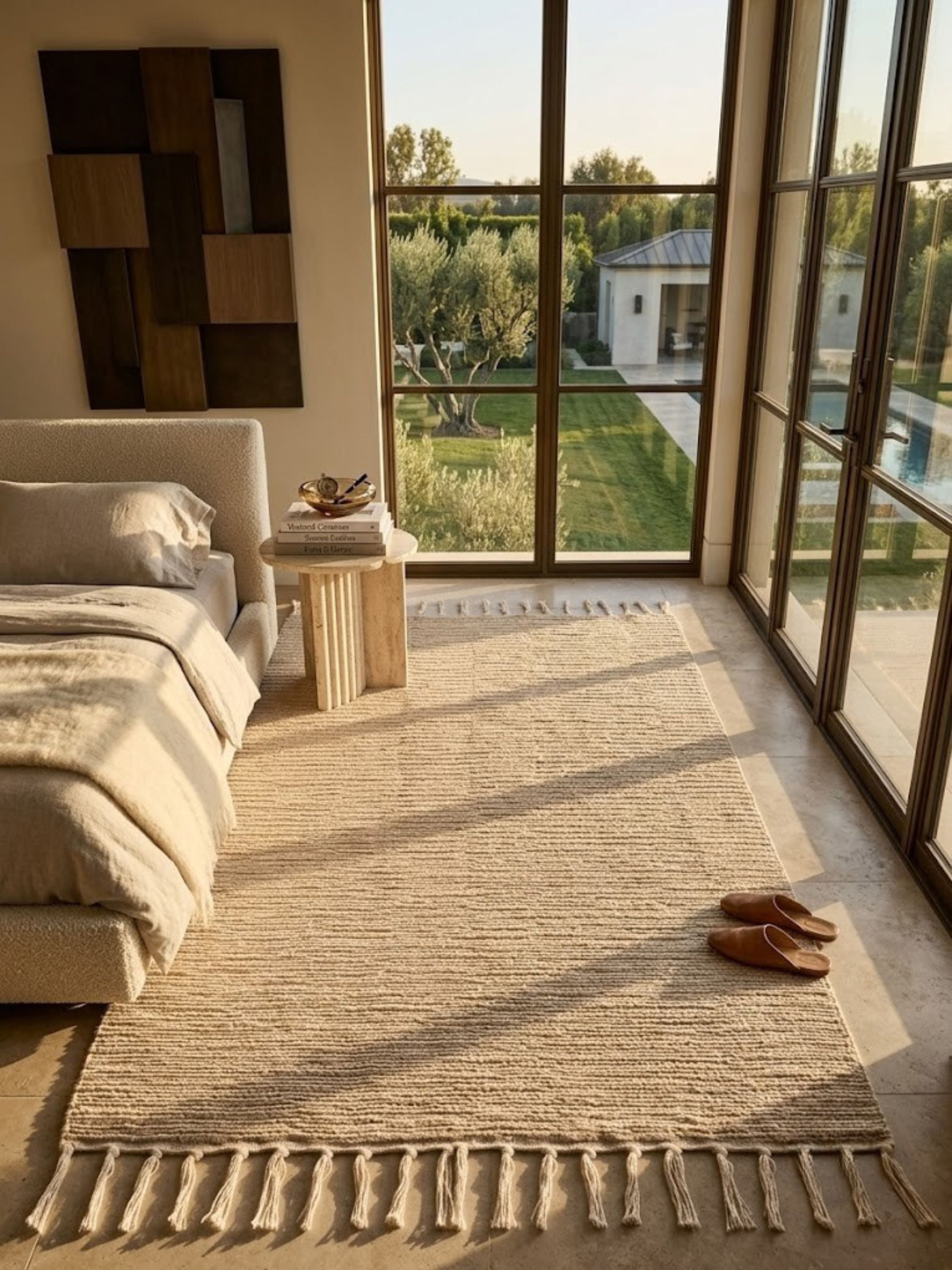Off-white jute, wool, and cotton rug styled outdoors on a deck, ribbed texture visible underfoot.