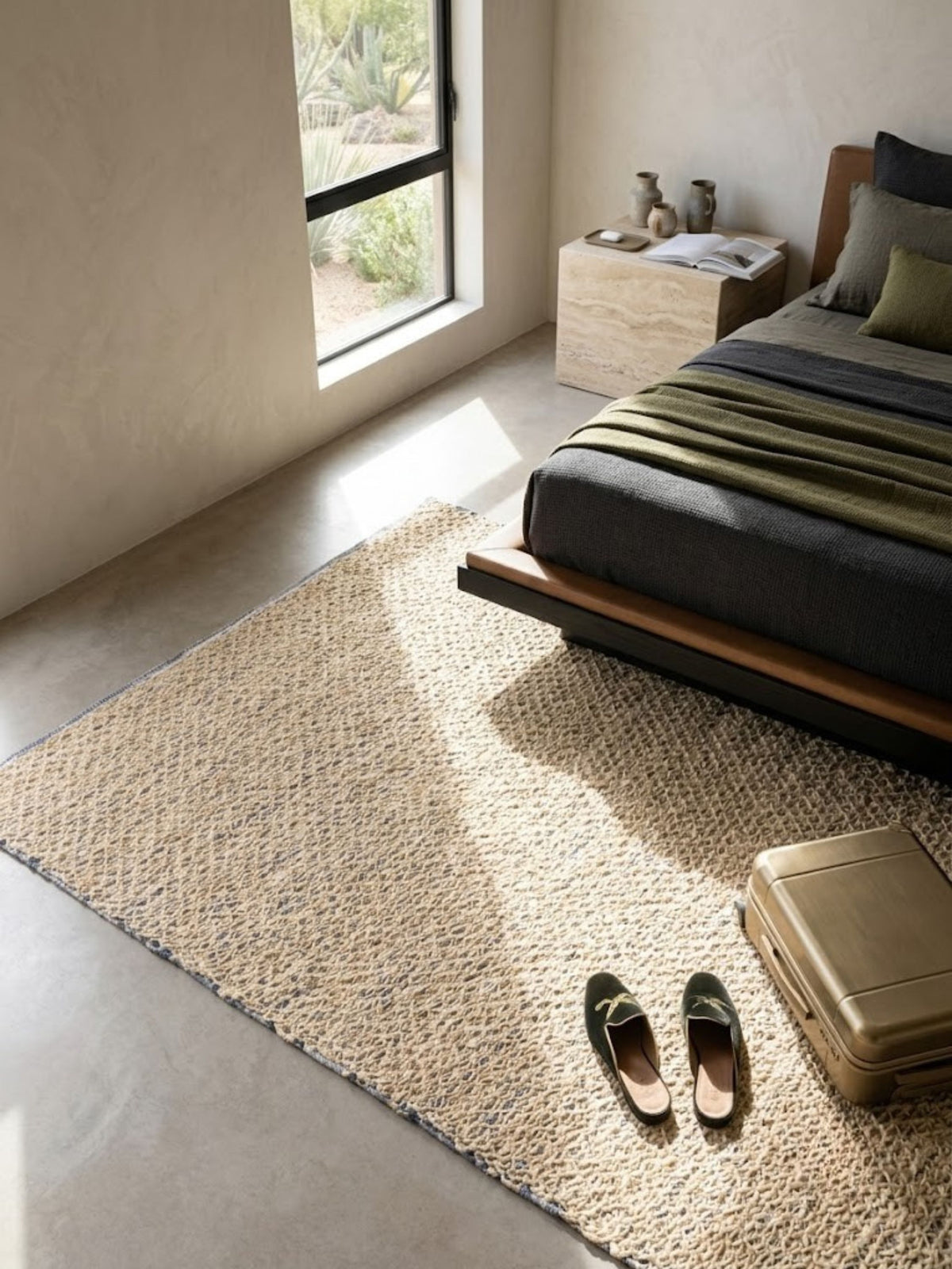 Natural jute and denim rug with diamond-cell lattice pattern, styled in a bedroom beside the bed.