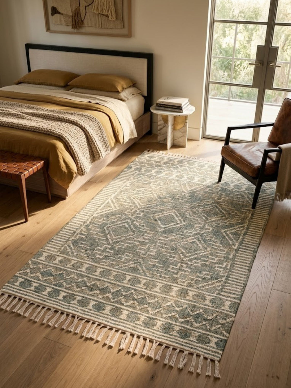 Ardmore sage and ivory flat-woven rug with a diamond medallion, laid at the foot of a bed.