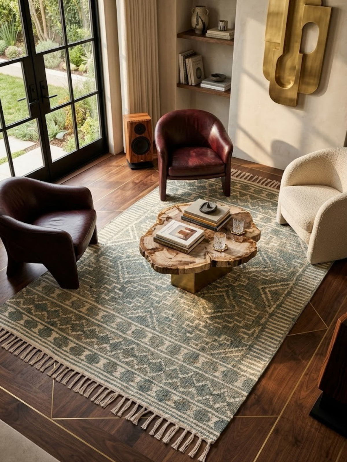 Ardmore sage and ivory flat-woven rug anchoring a living room seating group with leather chairs.