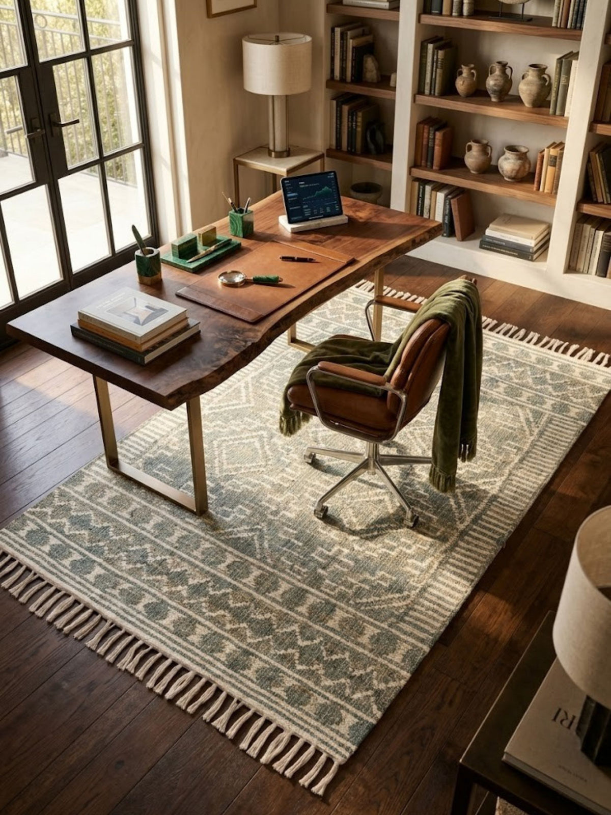 Ardmore sage and ivory flat-woven rug with fringed ends, set beneath a desk in a home office.