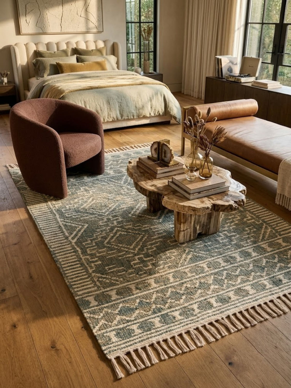 Ardmore sage and ivory flat-woven rug beneath a seating area in a bedroom.