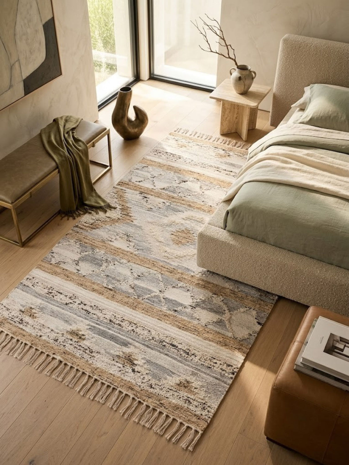 Wool, cotton, and jute rug, raised wool-loop motif texture, styled in a bedroom beside the bed.