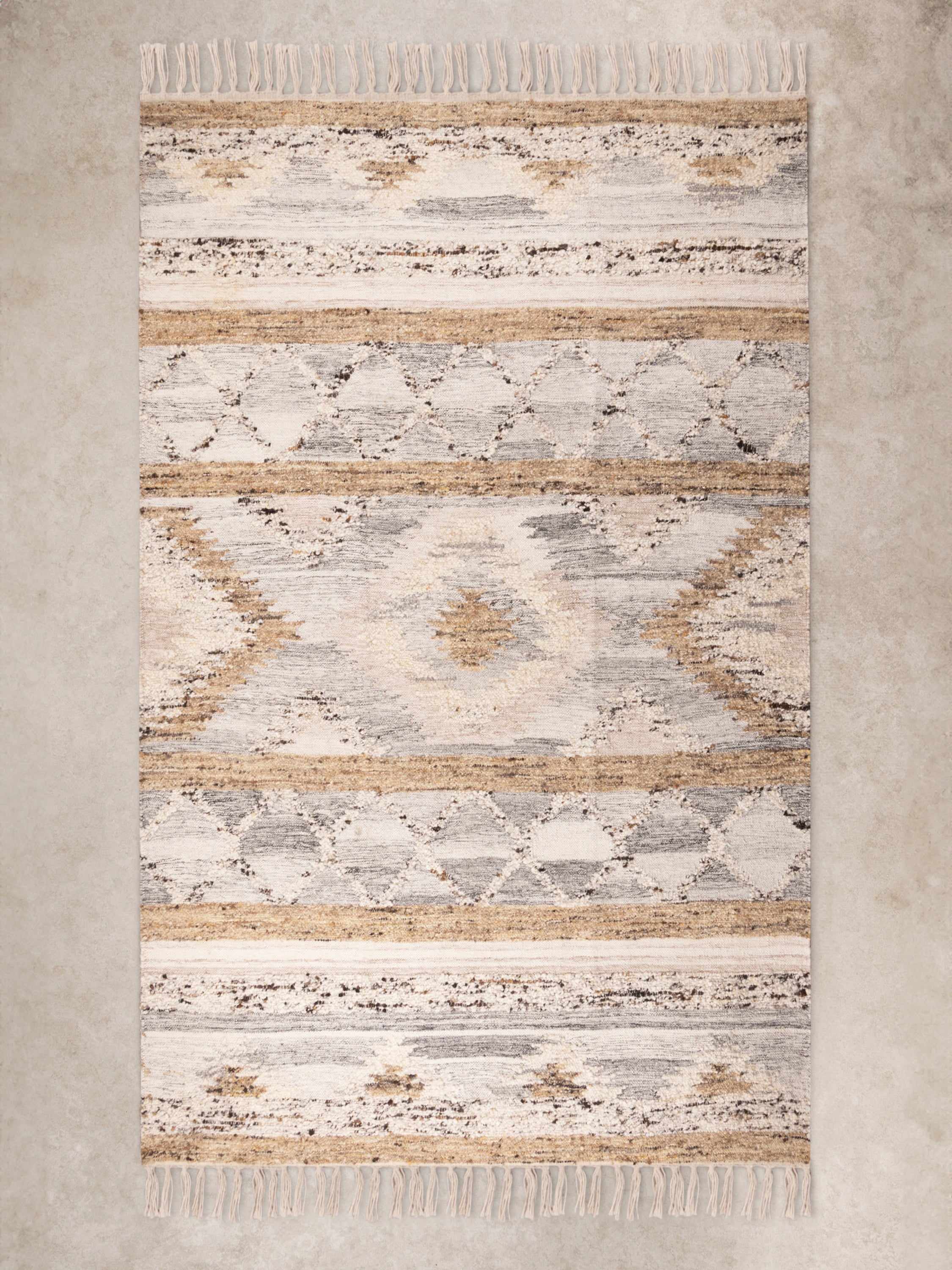 Neutral beige brown gray hand-woven area rug 5×8 — textured artisan floor layer