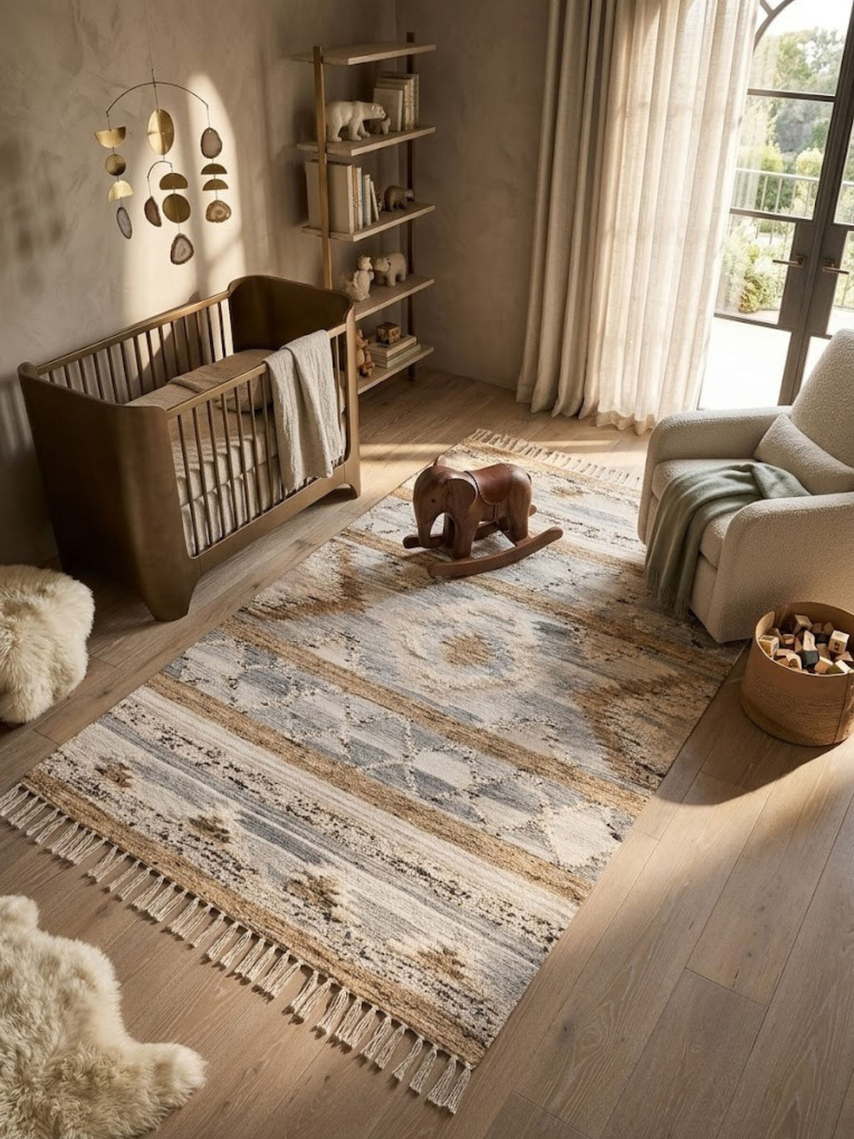 Wool, cotton, and jute rug, alternating raised-loop and flat bands, styled in a nursery.