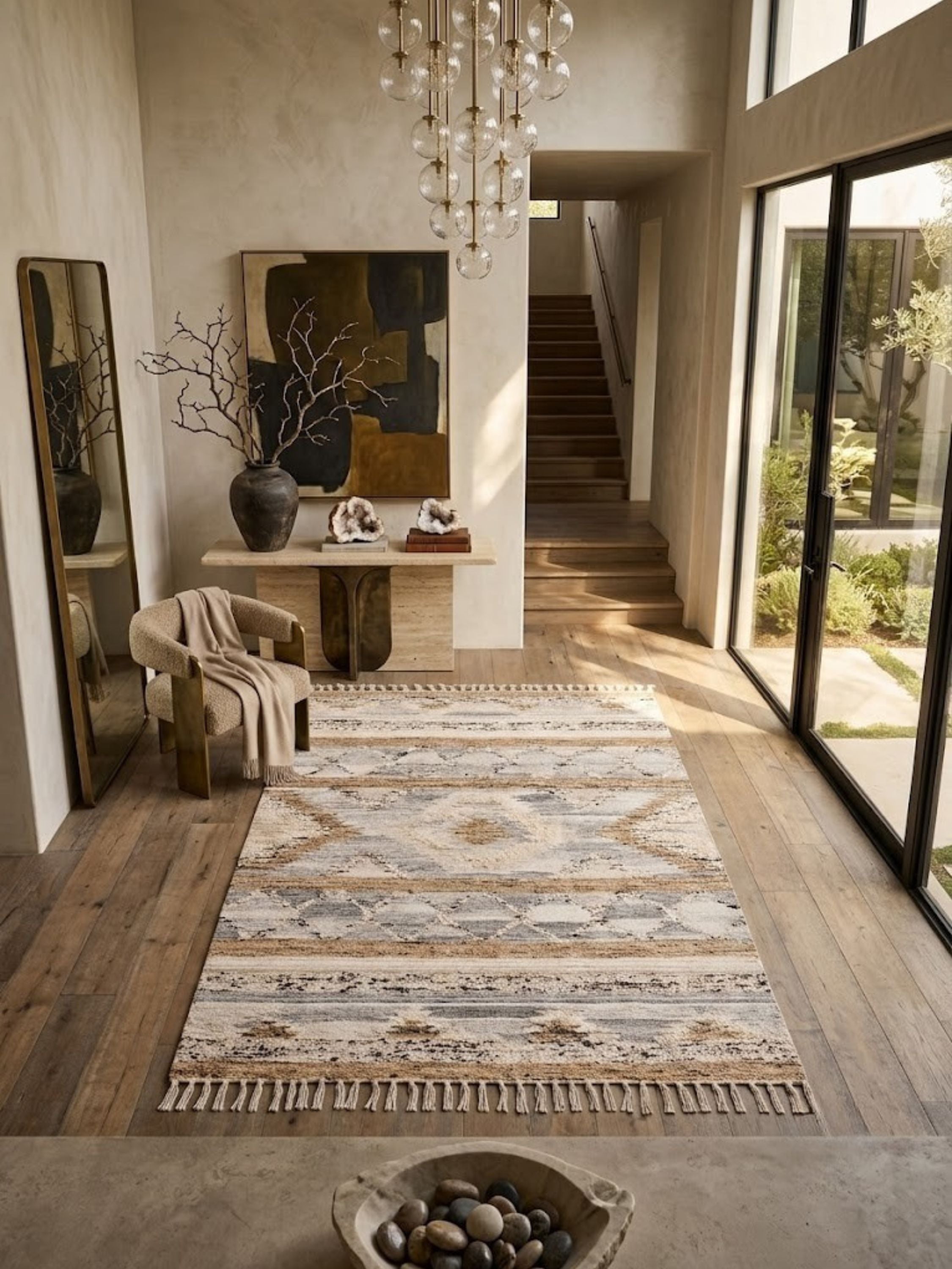 Wool, cotton, and jute rug, banded geometric pattern, styled at an entryway beside a staircase.
