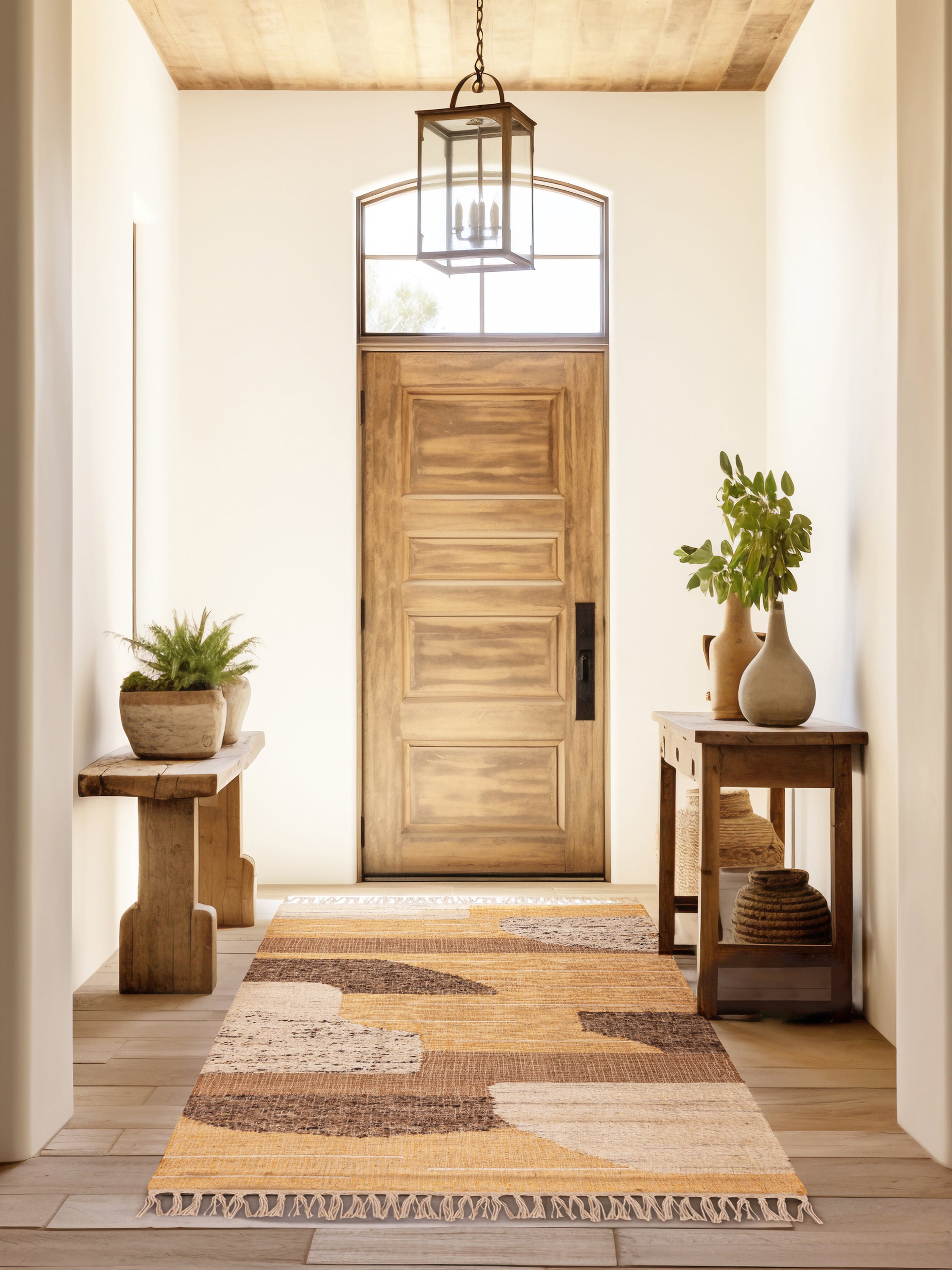 Neutral woven area rug 5×8 in natural fibre blend — elegant foundation for living spaces