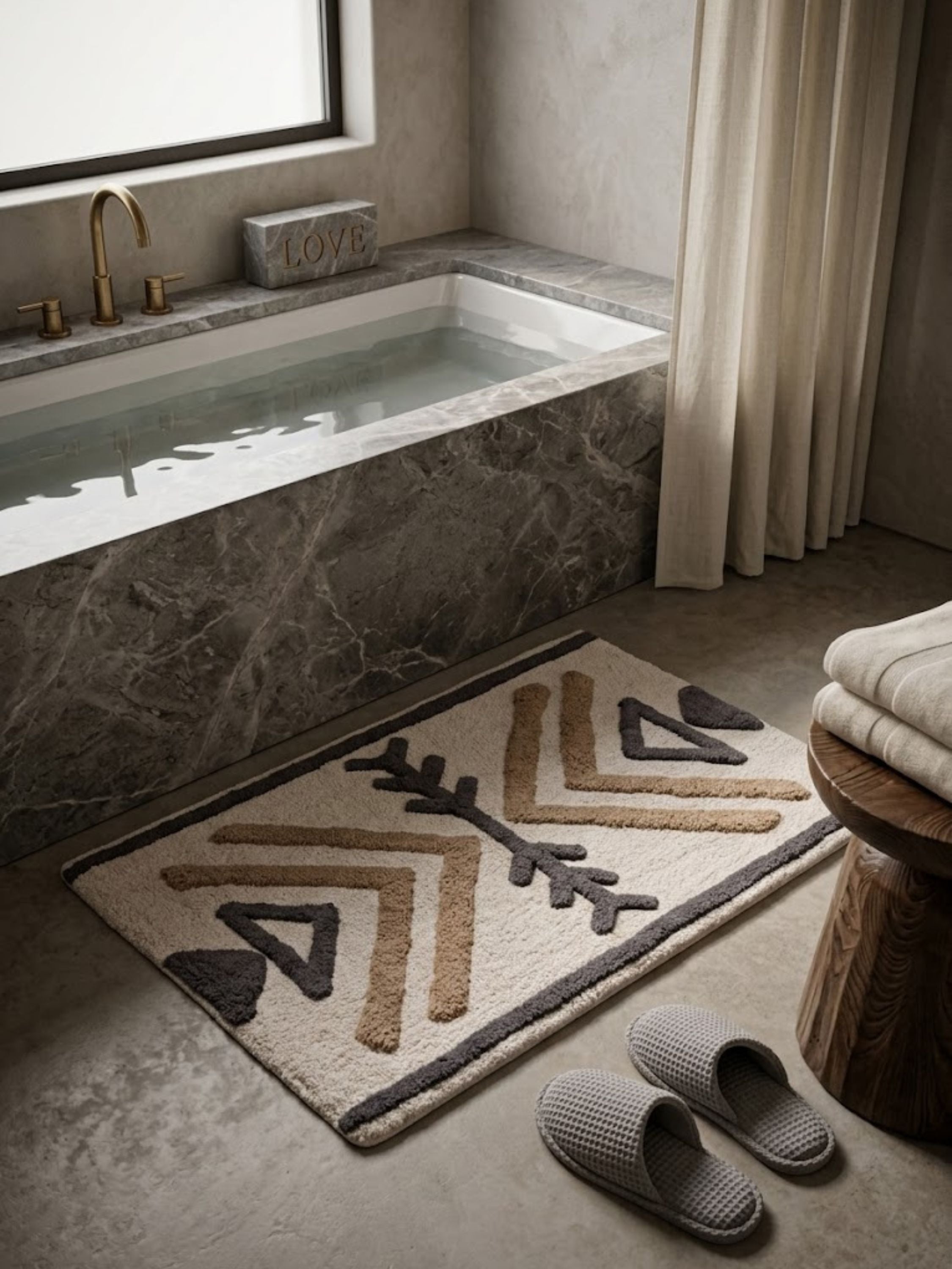 Neutral geometric bath rug with sculpted tufted detailing, placed outside a contemporary sauna and spa-inspired bathing space, adding comfort, texture, and understated visual interest.