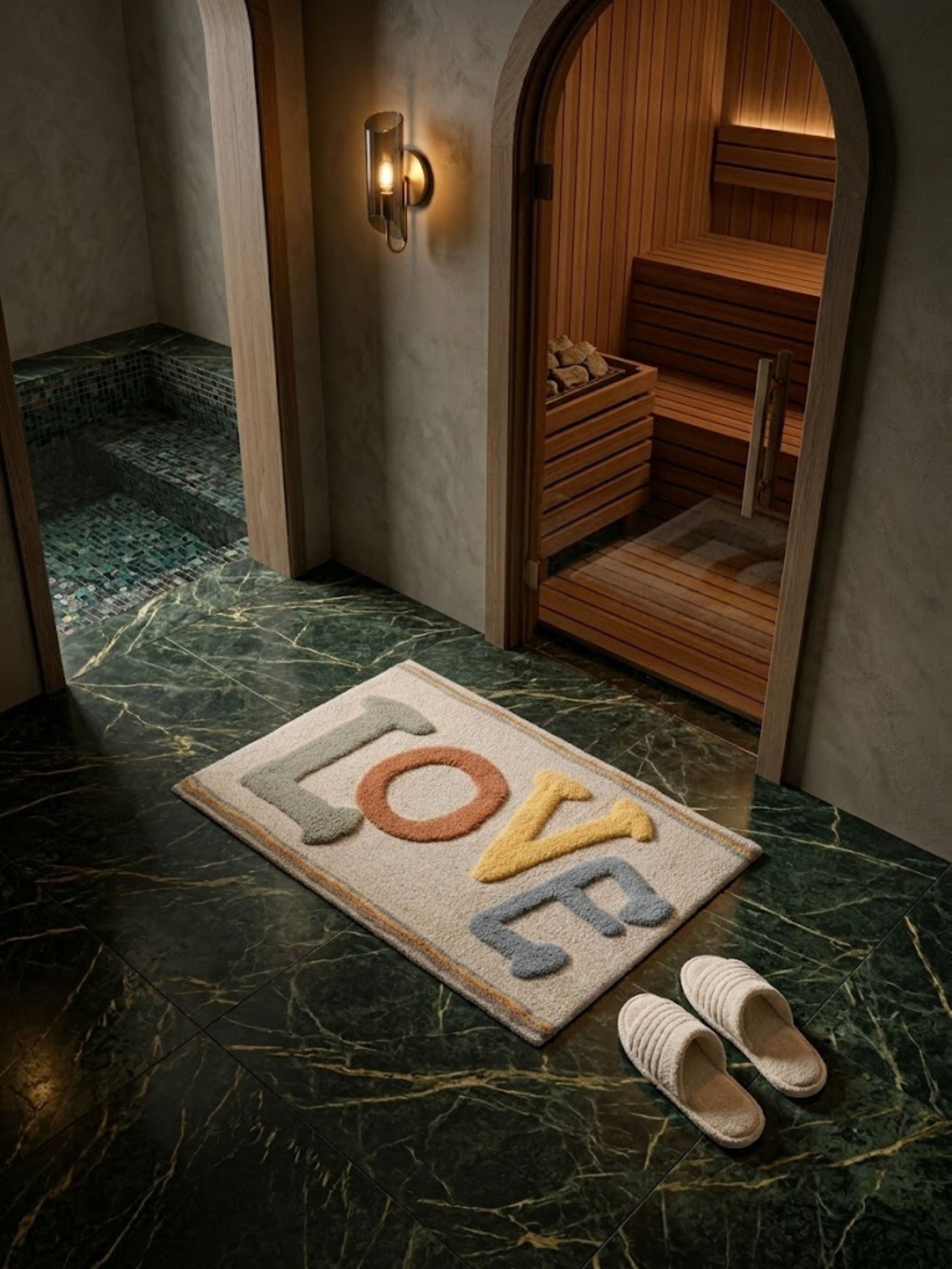 Typography bath mat featuring raised LOVE lettering in muted sage, terracotta, ochre, and soft blue tones, styled outside a sauna to bring playful warmth and texture to a spa-inspired bathroom.