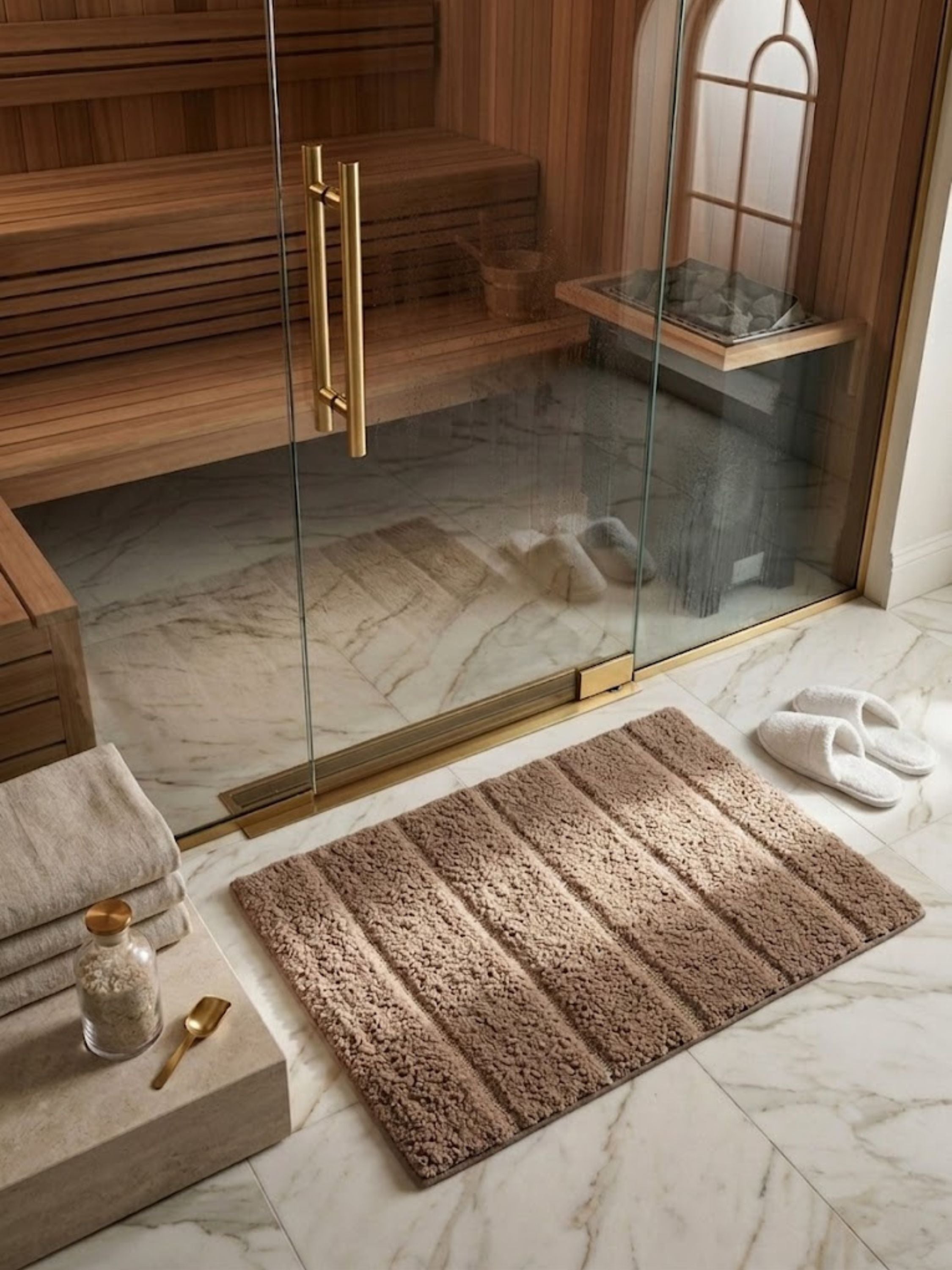 Taupe microfiber bath mat with horizontal raised-band pattern, placed on a stone bathroom floor.