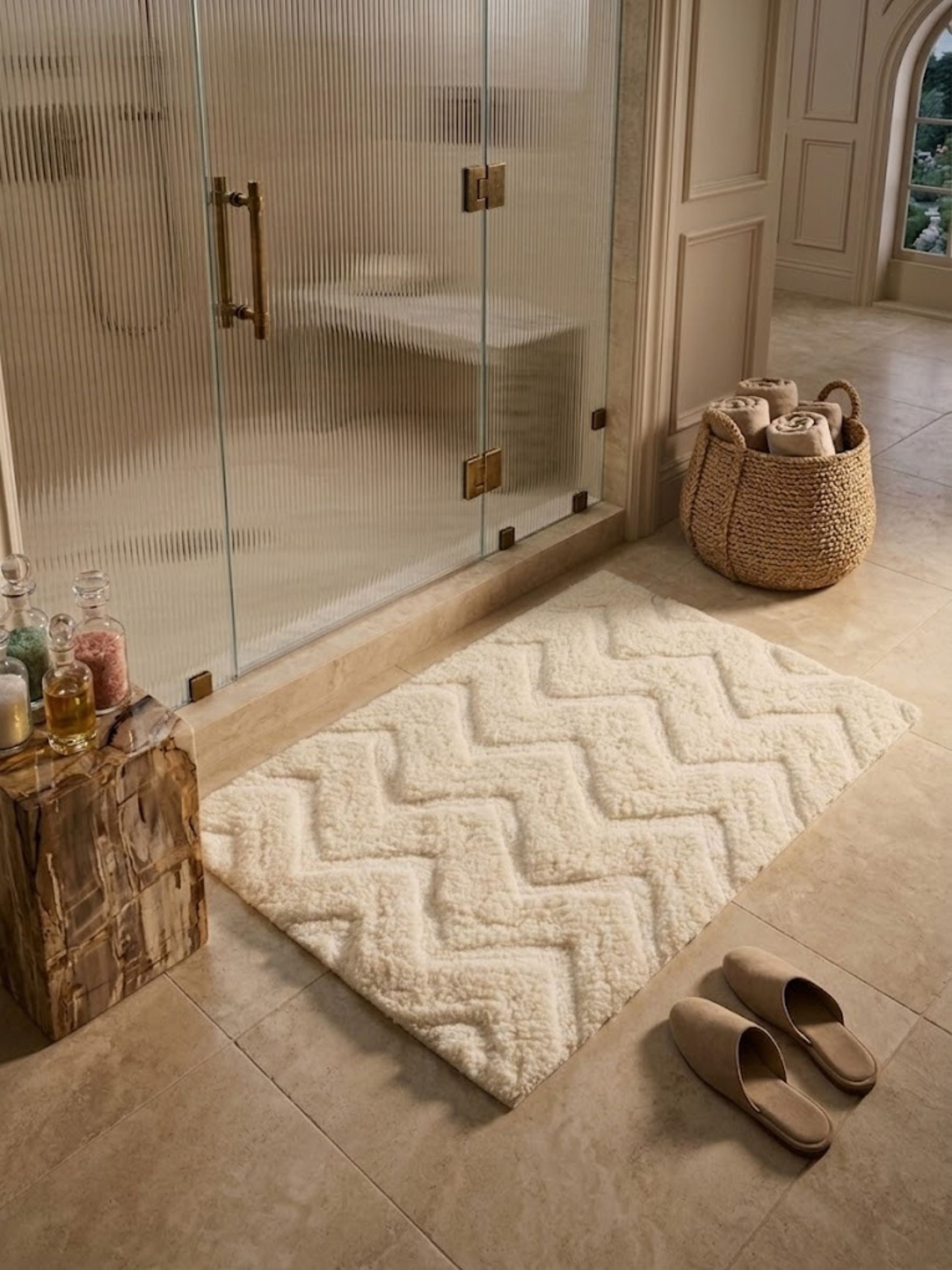 Plush ivory bath rug with an all-over zigzag motif, placed within a serene bathroom setting to create a layered, inviting atmosphere with understated luxury appeal.