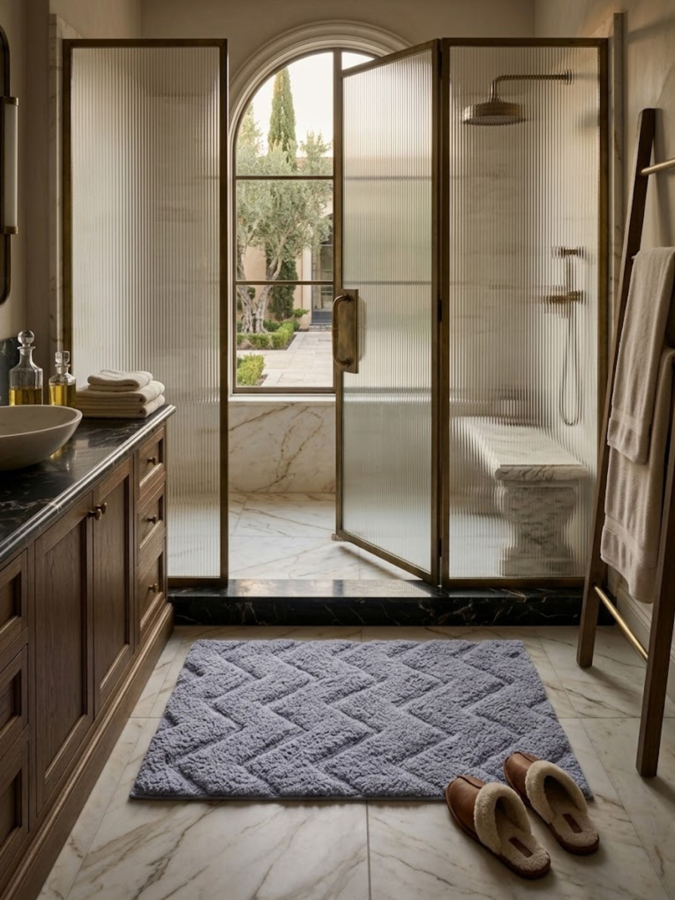Gray microfiber chevron bath mat styled in a bathroom setting, dimensional texture.