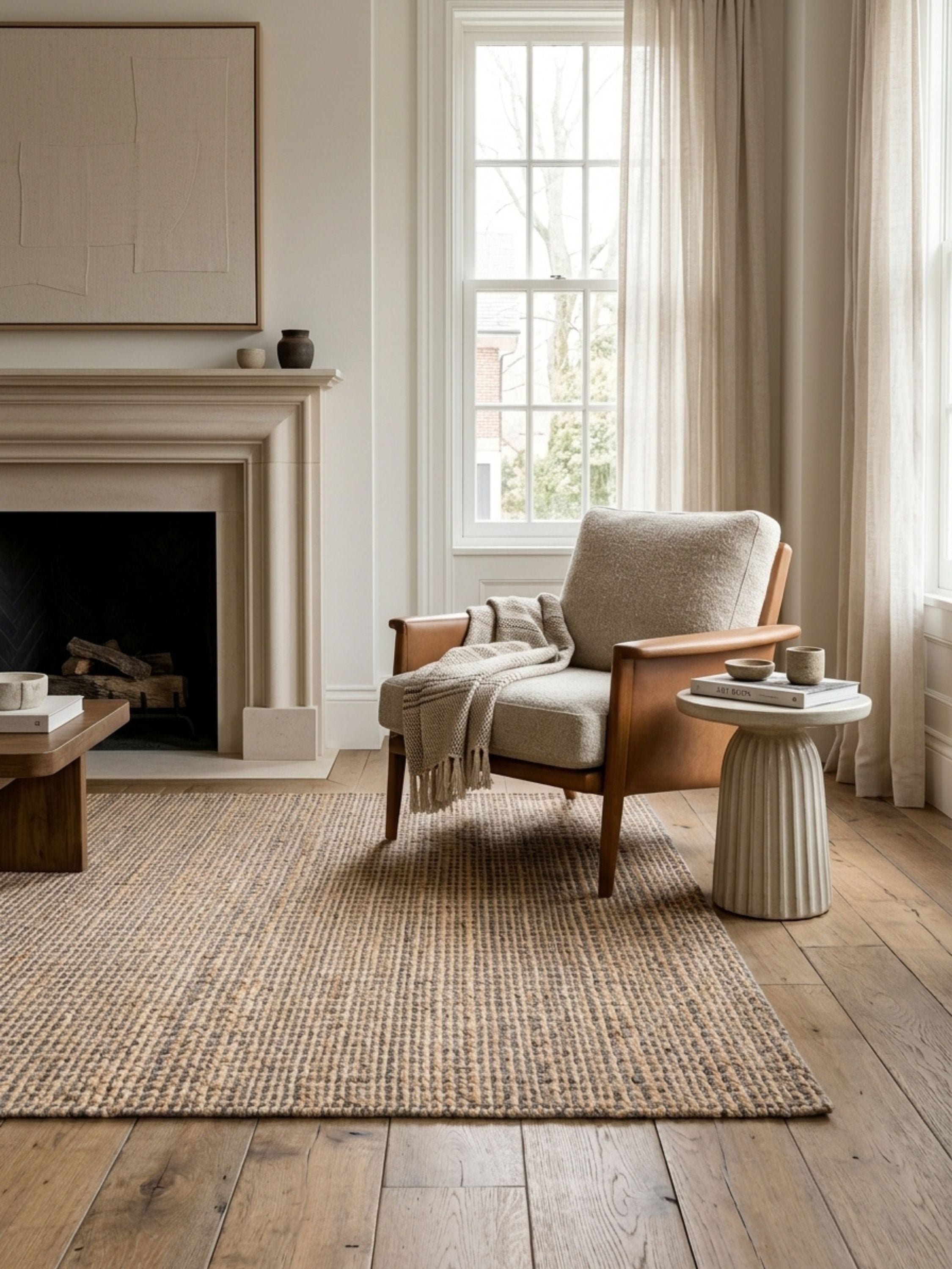 Handwoven wool and jute area rug in natural tones styled in a warm neutral living room with layered textures