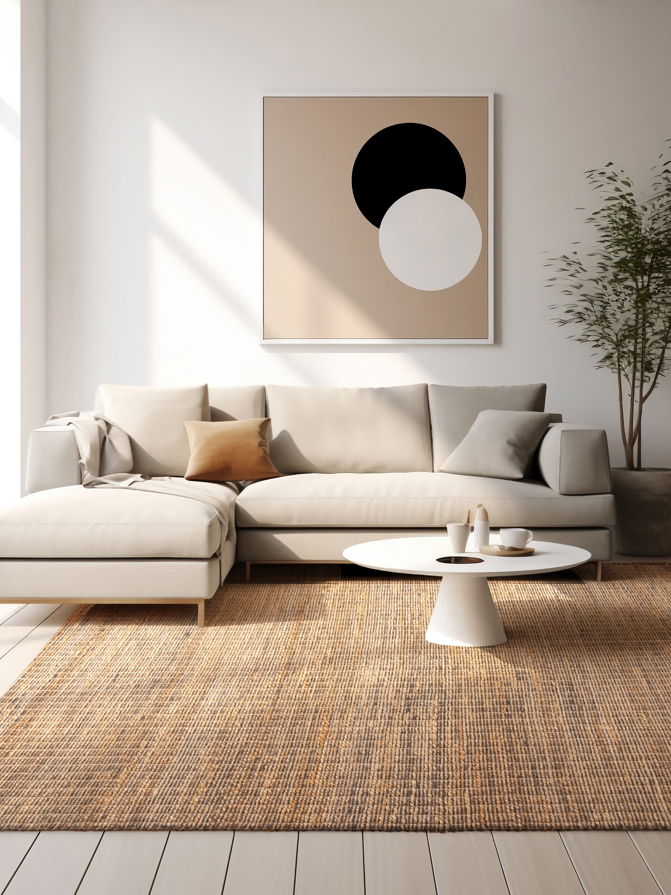 Sustainable jute and wool blend area rug with a subtle grid pattern, great for living rooms and bedrooms