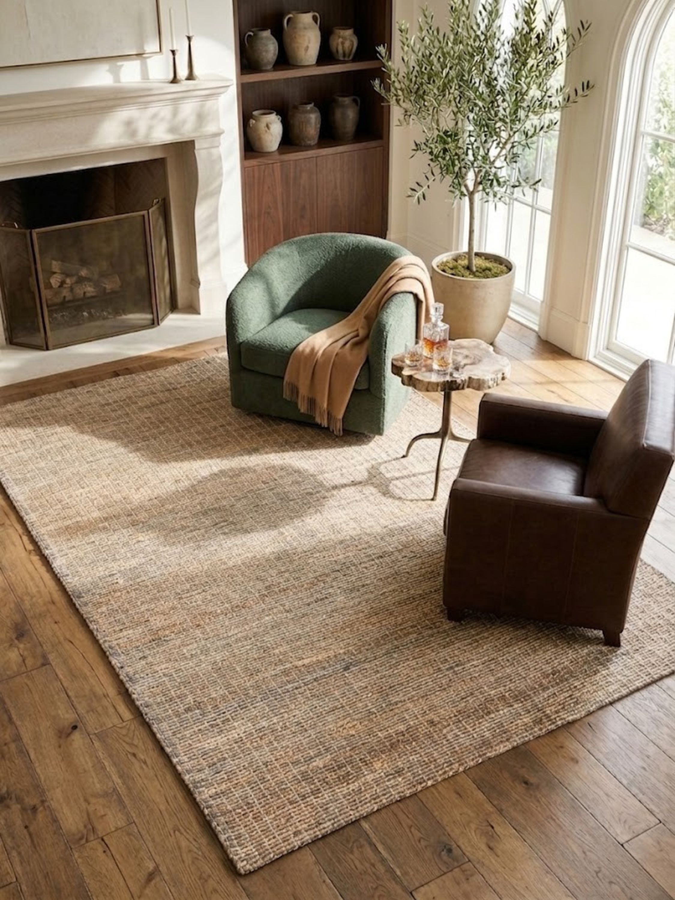 Wool and jute Fuji rug anchoring a living room seating arrangement, in warm golden-sand tones.