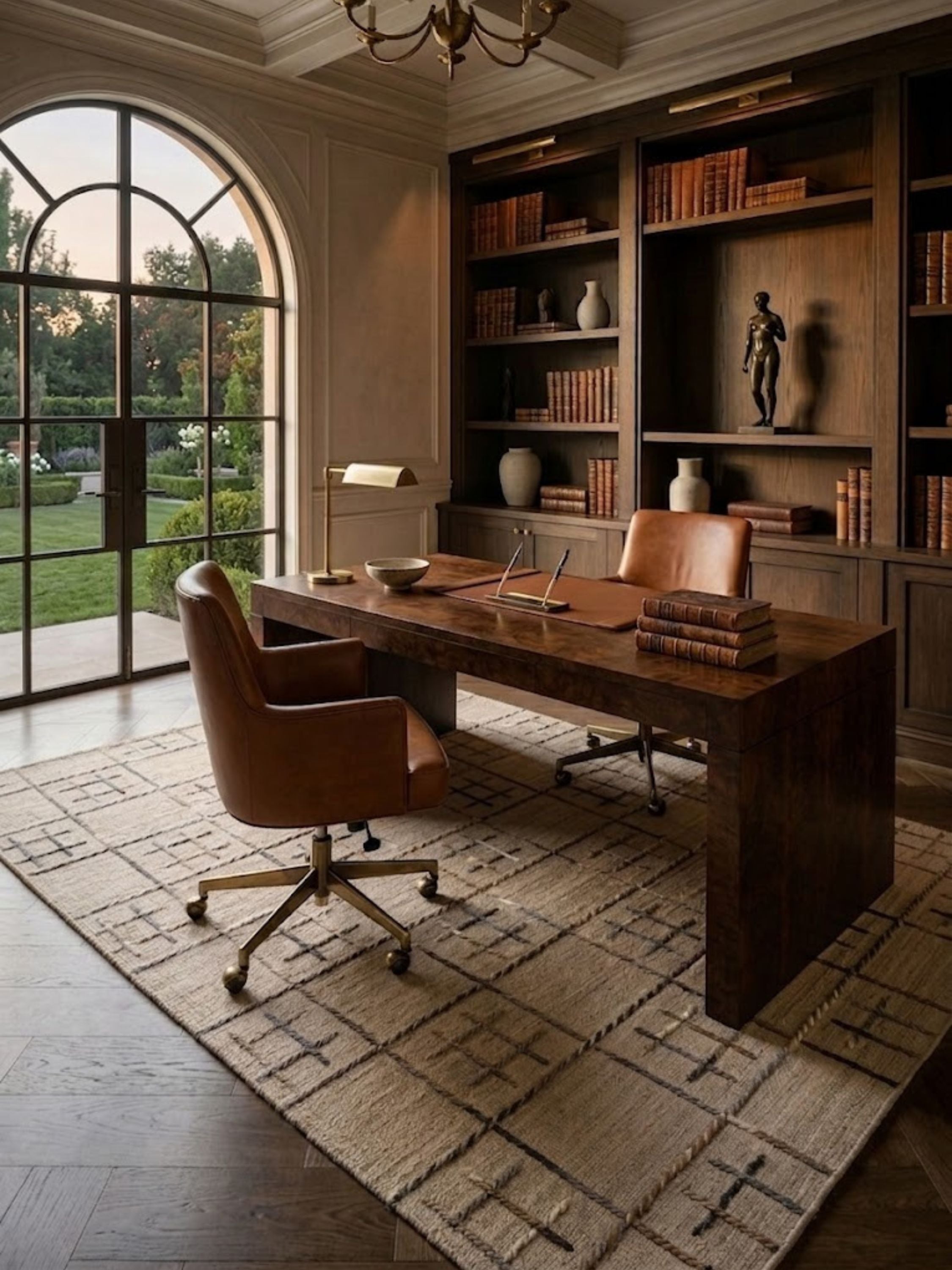 Wool Gilbert rug with a geometric grid motif in warm neutral tones, styled beneath a desk in a home office.