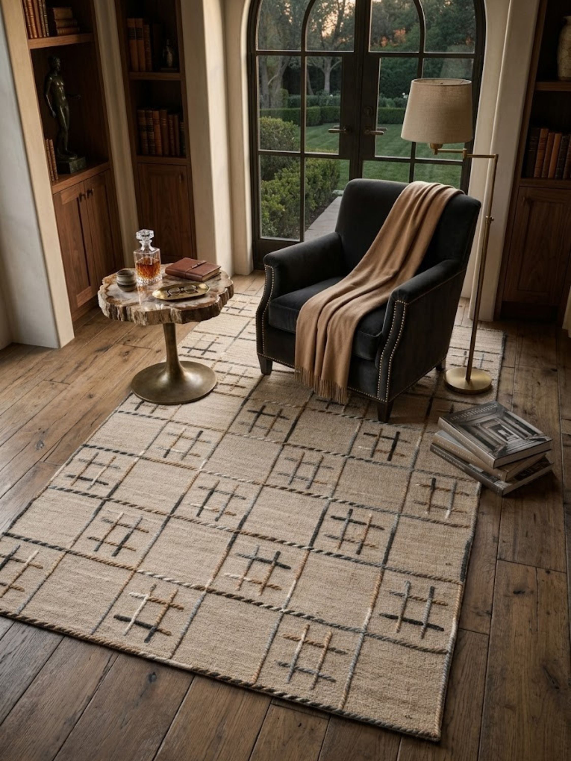 Wool Gilbert rug anchoring a reading corner, with a geometric grid pattern adding rhythm and depth.