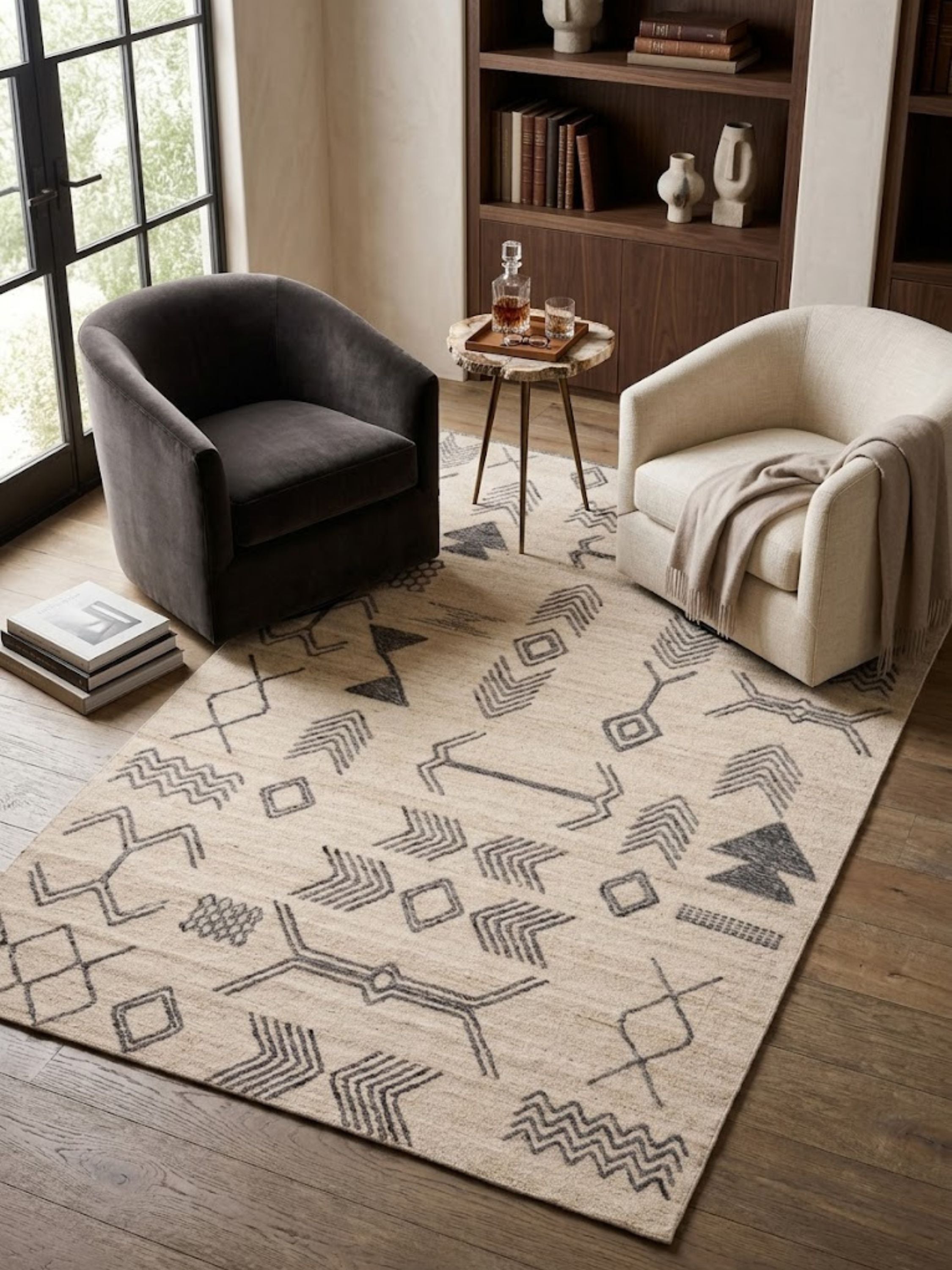 Sand wool rug with charcoal geometric motifs, styled beneath a bed.