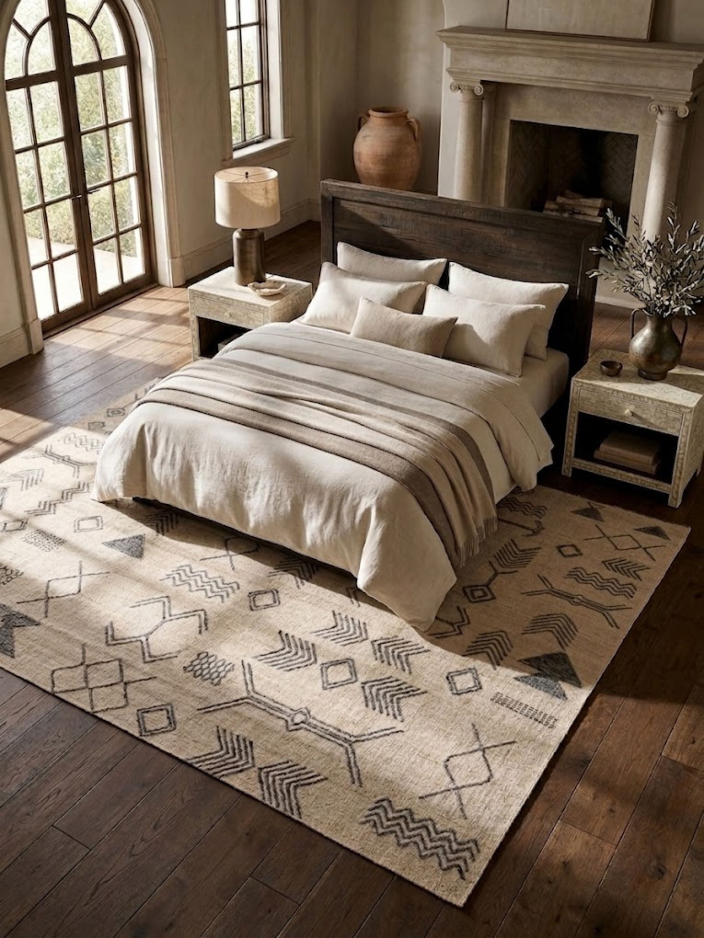 Lunar wool rug layered within a relaxed seating area, its sculptural geometric motifs set against a softly textured neutral ground.