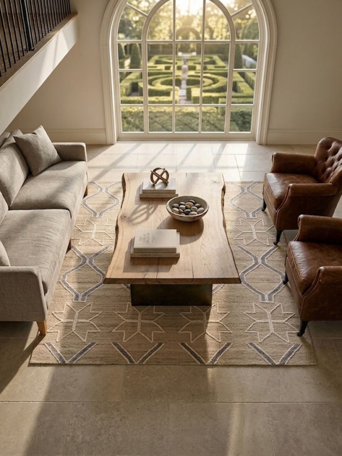 Wool rug with cream and grey-blue geometric motifs, styled in a sunlit lounge.