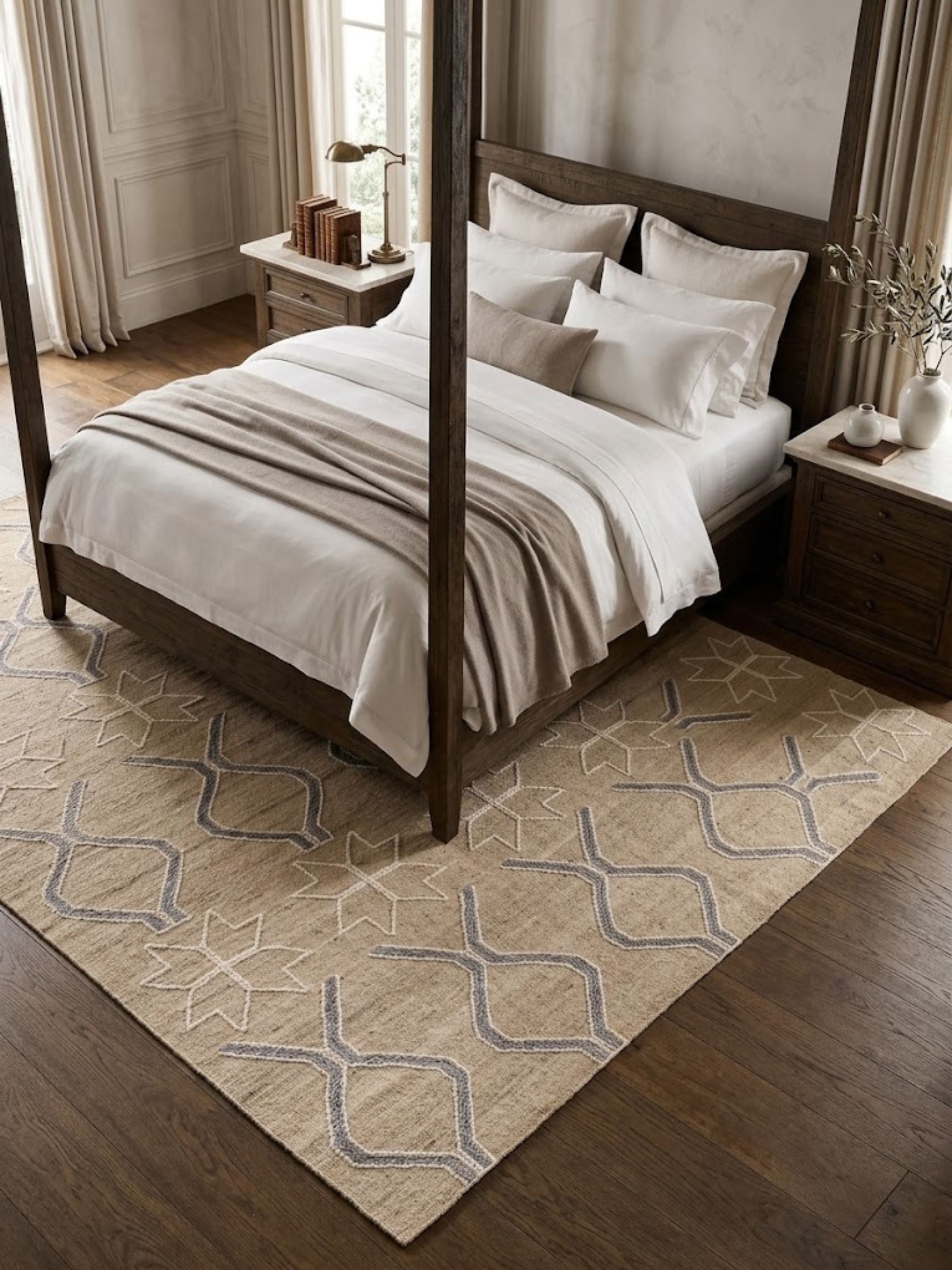 Isaa wool bedroom rug featuring repeating geometric and star-inspired motifs in a neutral palette, adding depth, texture, and a tailored foundation beneath richly layered bedding.