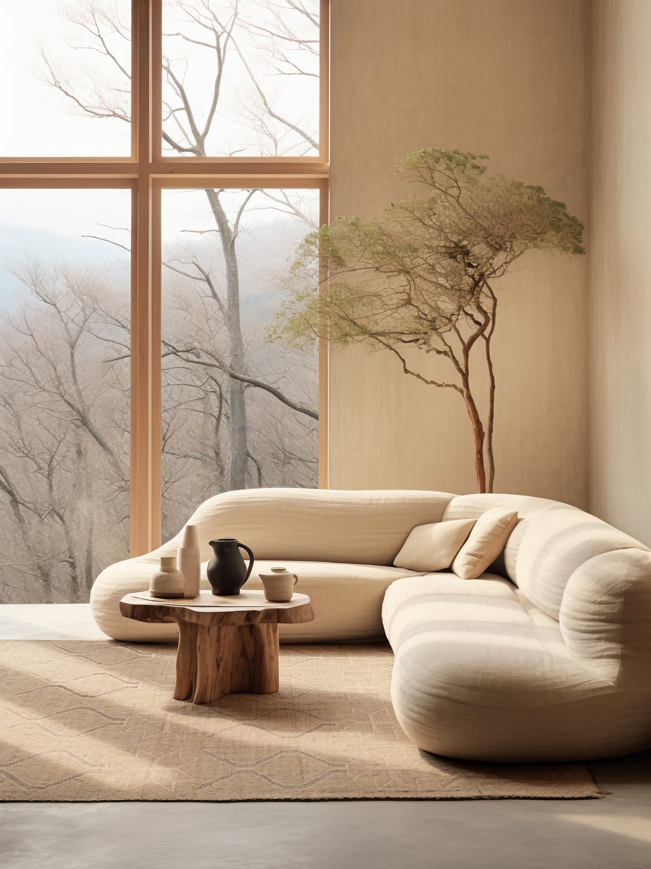 Patterned area rug in neutral tones placed in a living room setting beneath seating, emphasizing layout and scale