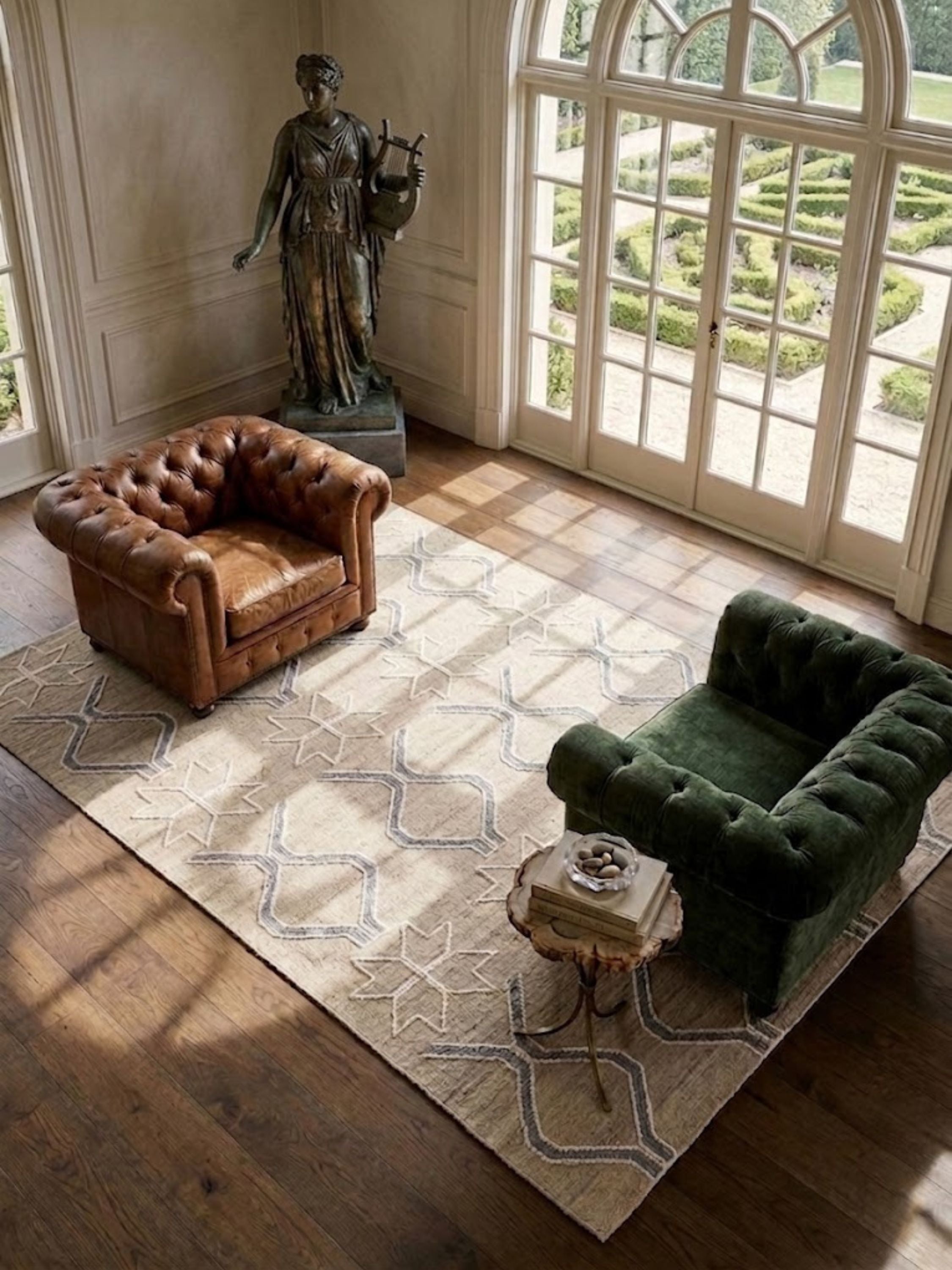 Wool rug with cream and grey-blue geometric motifs, styled in a living room.