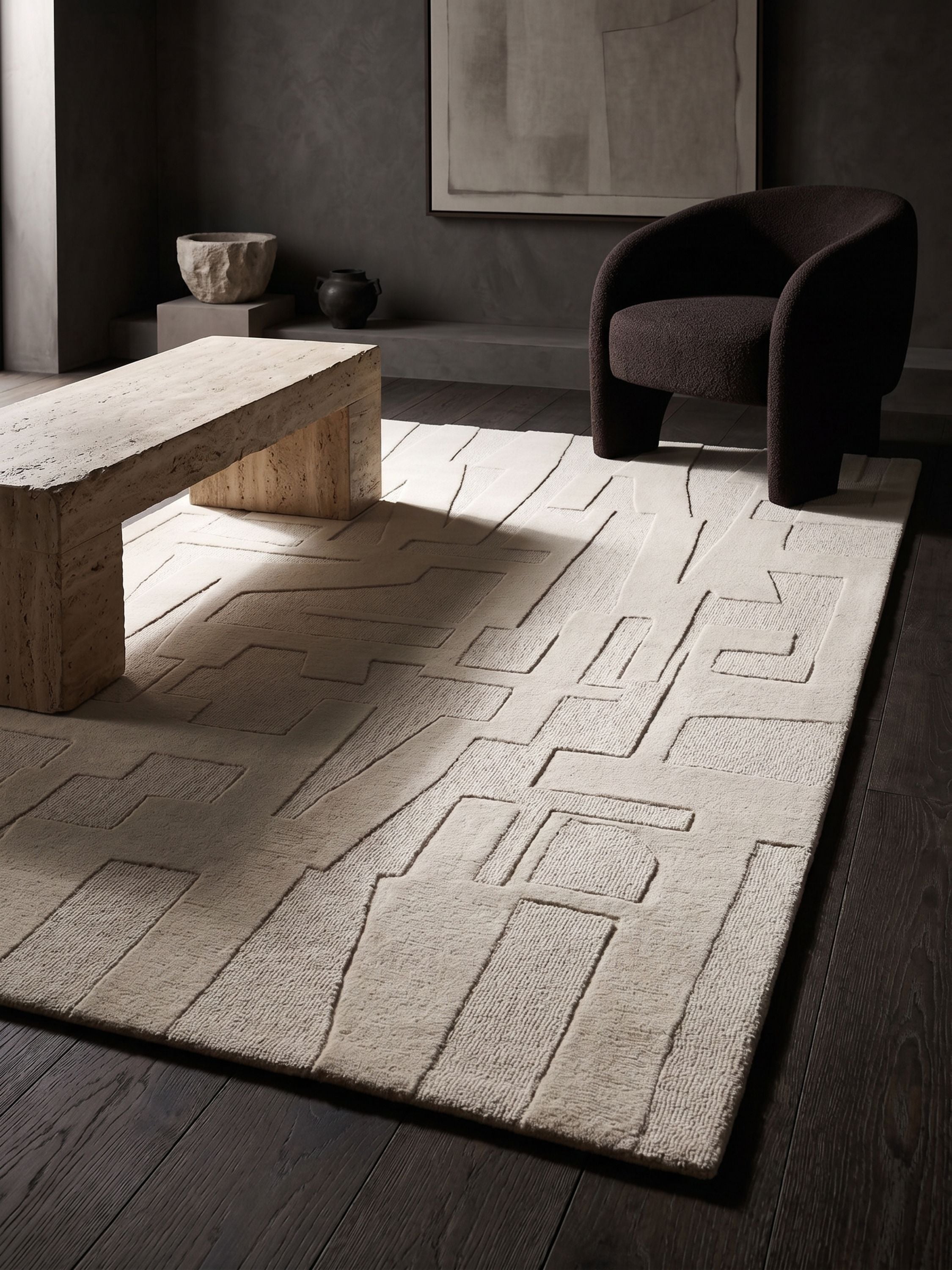Sculpted ivory wool area rug with abstract texture styled in a modern living room with stone and wood elements
