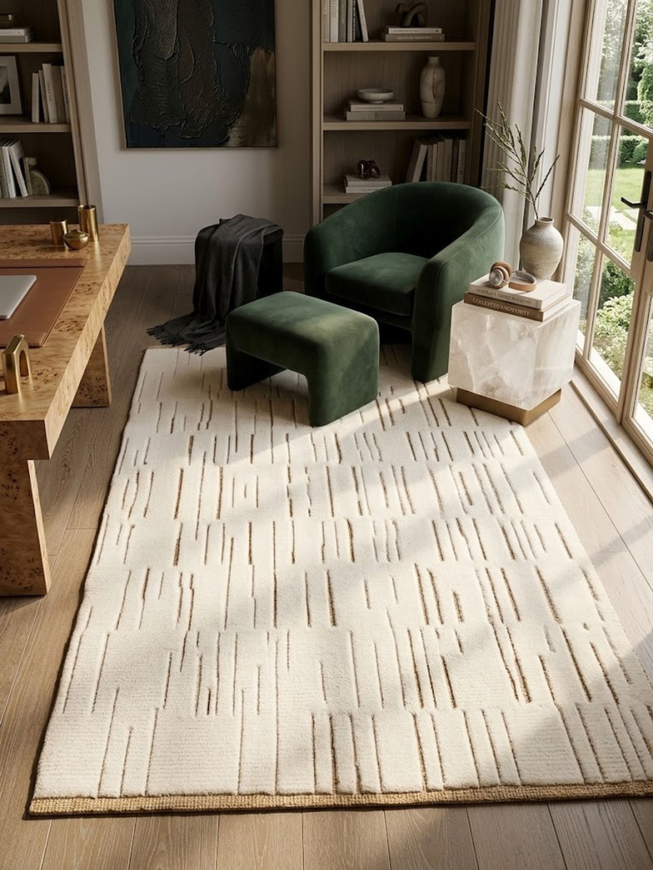 Ivory wool and jute rug styled indoors near seating, carved grooves exposing the jute base.