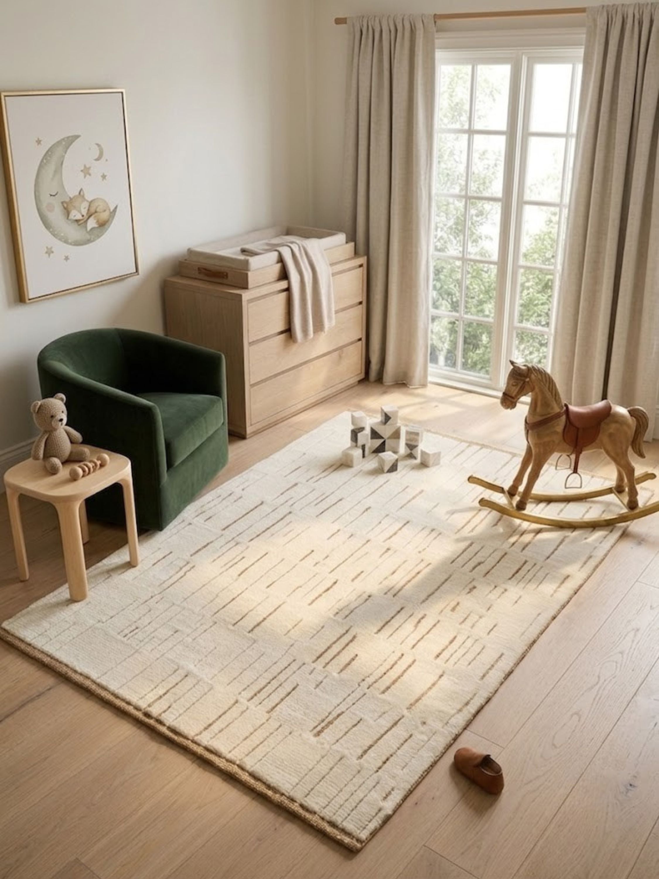 Ivory wool and jute rug styled in a bedroom setting, offset grooves keep the pattern from reading as a grid.