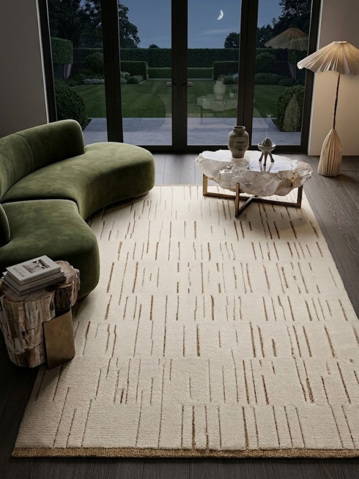 Ivory wool and jute rug styled outdoors on a wood deck, staggered grooves and raw jute border visible.