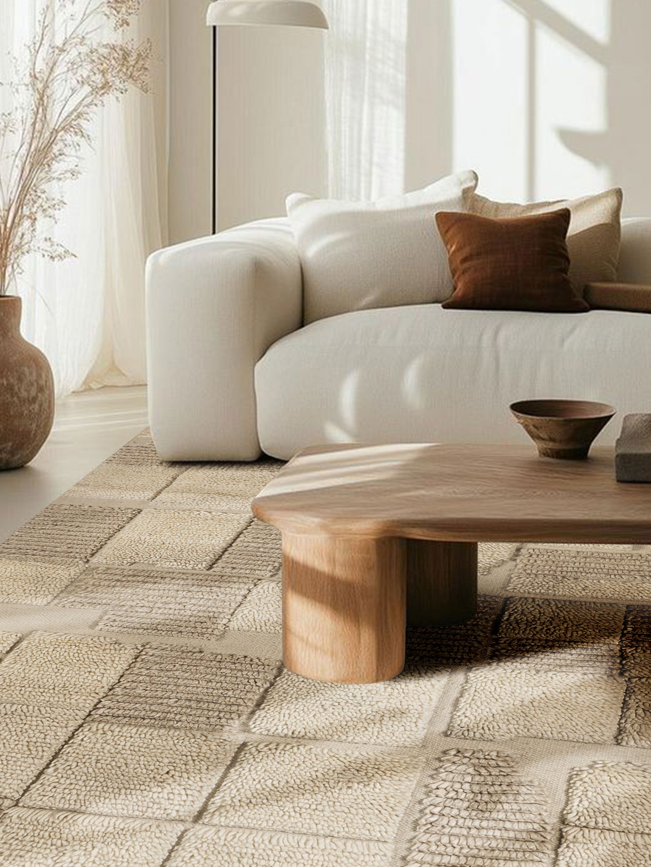 Winnipeg Rug styled in neutral living room with beige sofa and wood accent