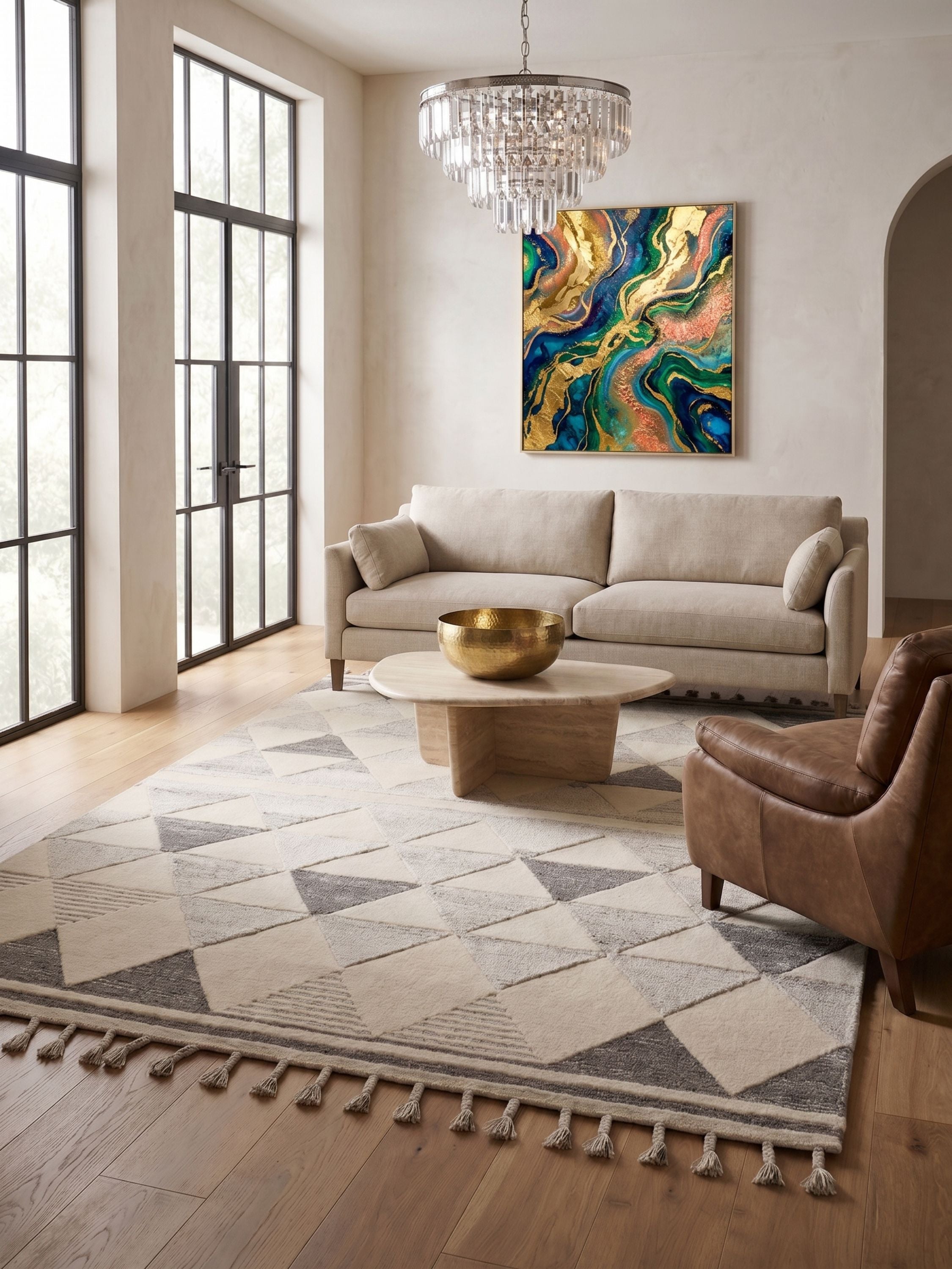 Tufted wool area rug in ivory and grey with geometric high low texture and tassel edges styled in a living room