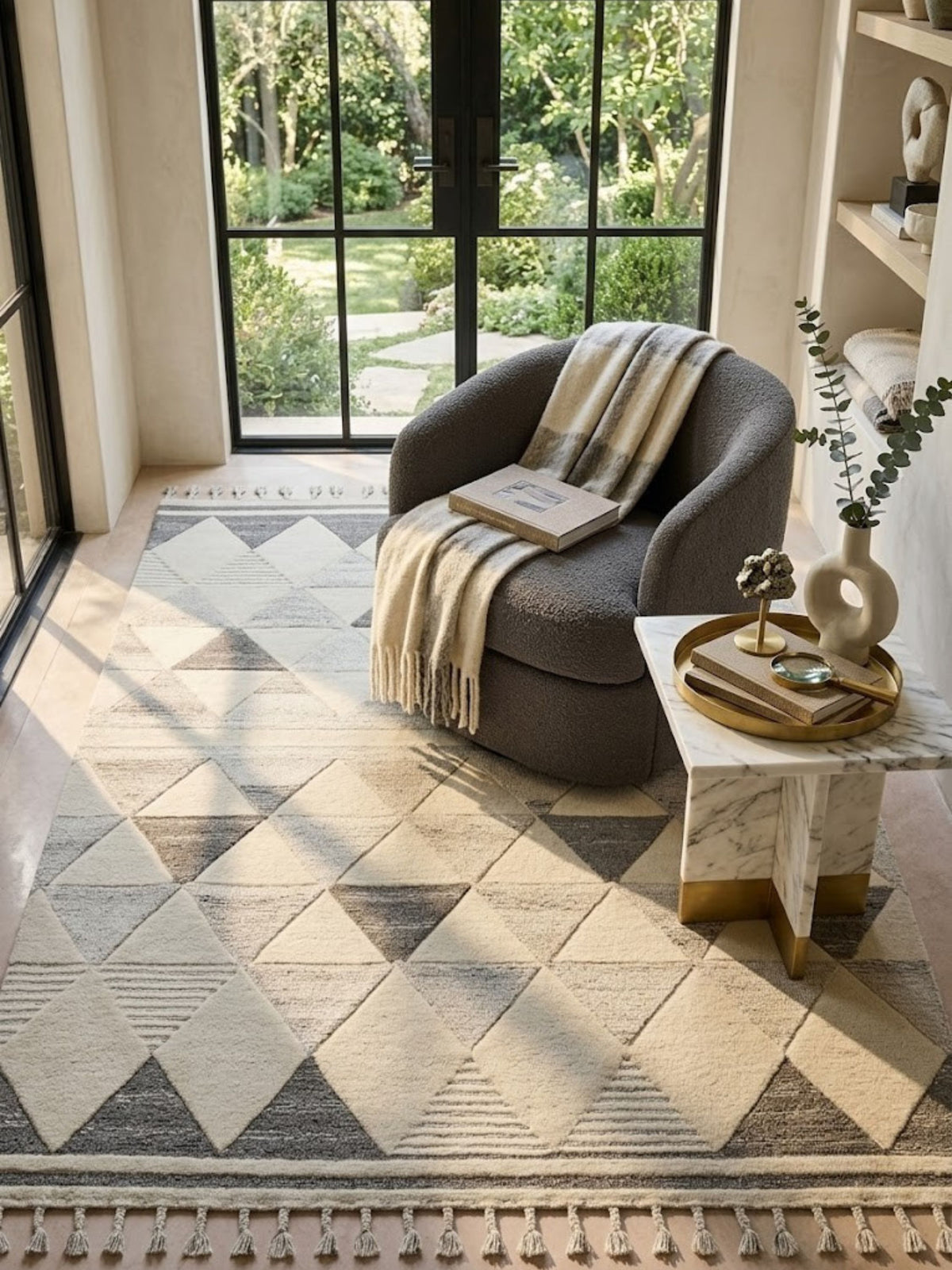 Wool and cotton rug styled outdoors on a deck, ribbed ivory sections visible in the pile.