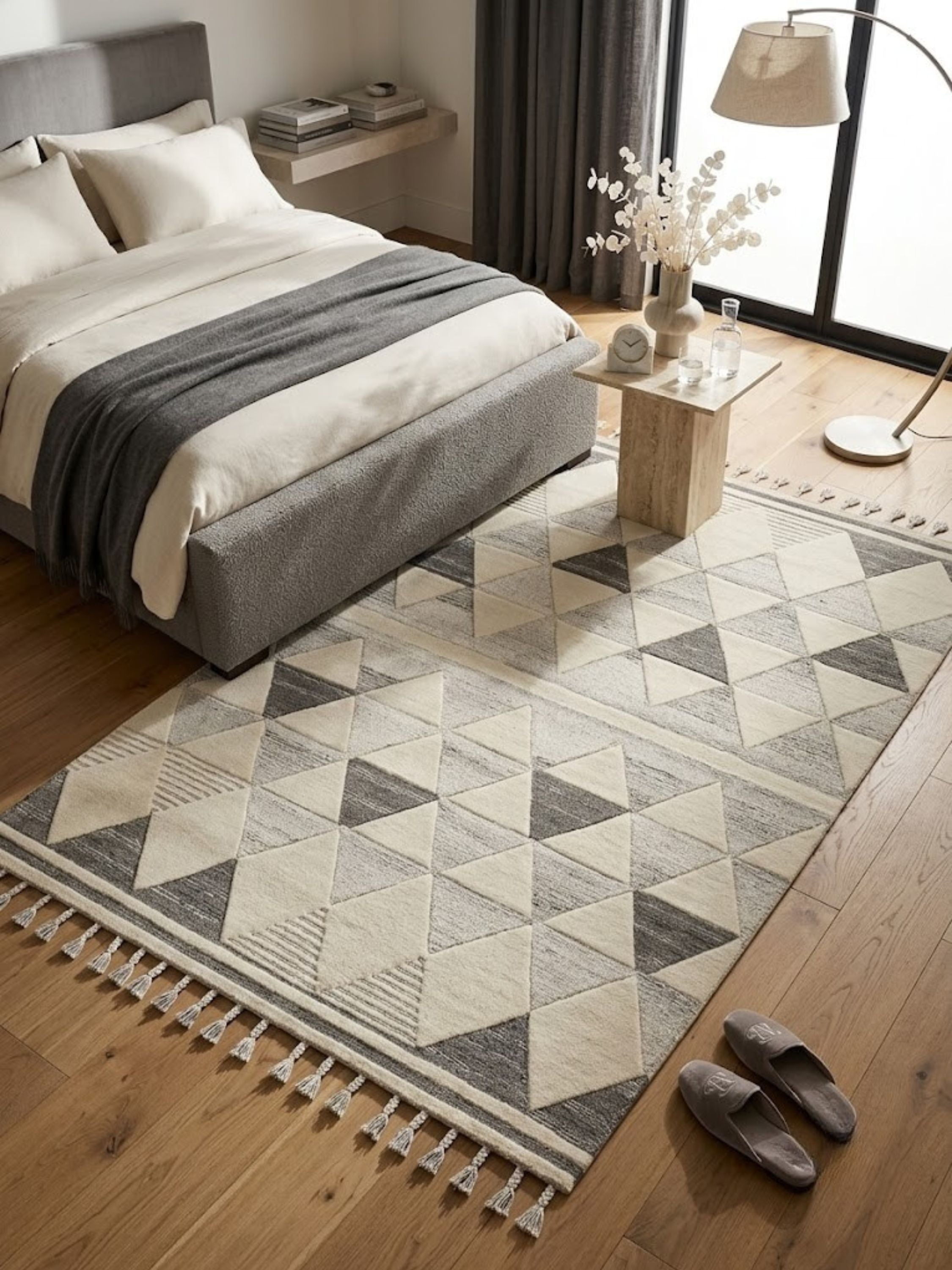 Wool and cotton rug styled in a bedroom setting, twisted tassel fringe visible at the edge.