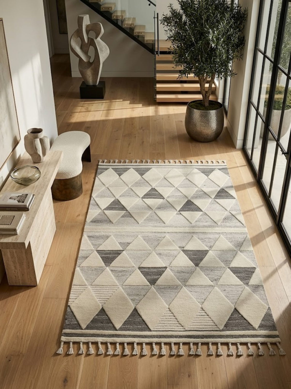 Wool and cotton rug styled in a bright daytime interior, alternating triangle pattern underfoot.