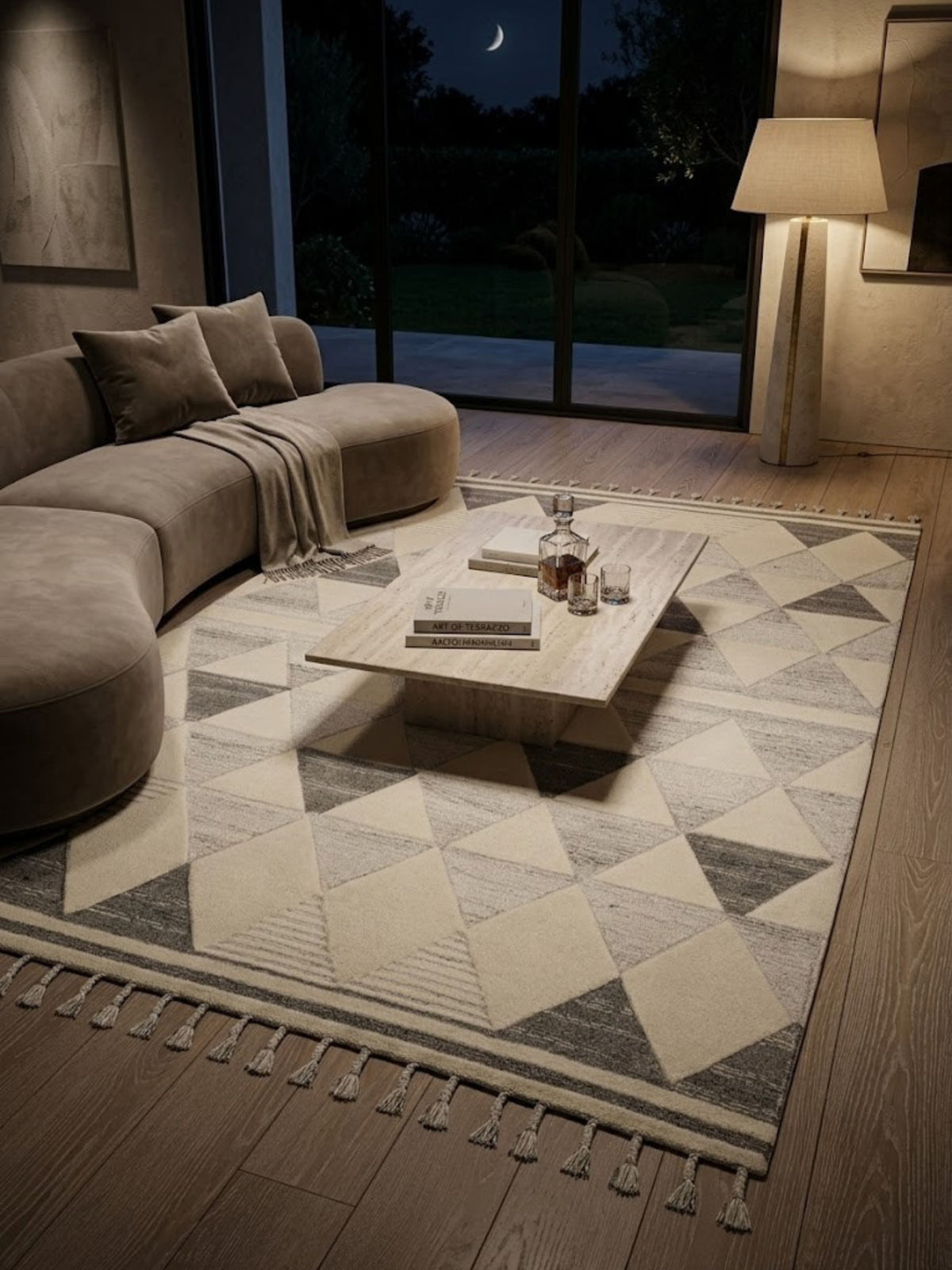 Wool and cotton rug with a geometric banded border, styled in an outdoor-adjacent setting.