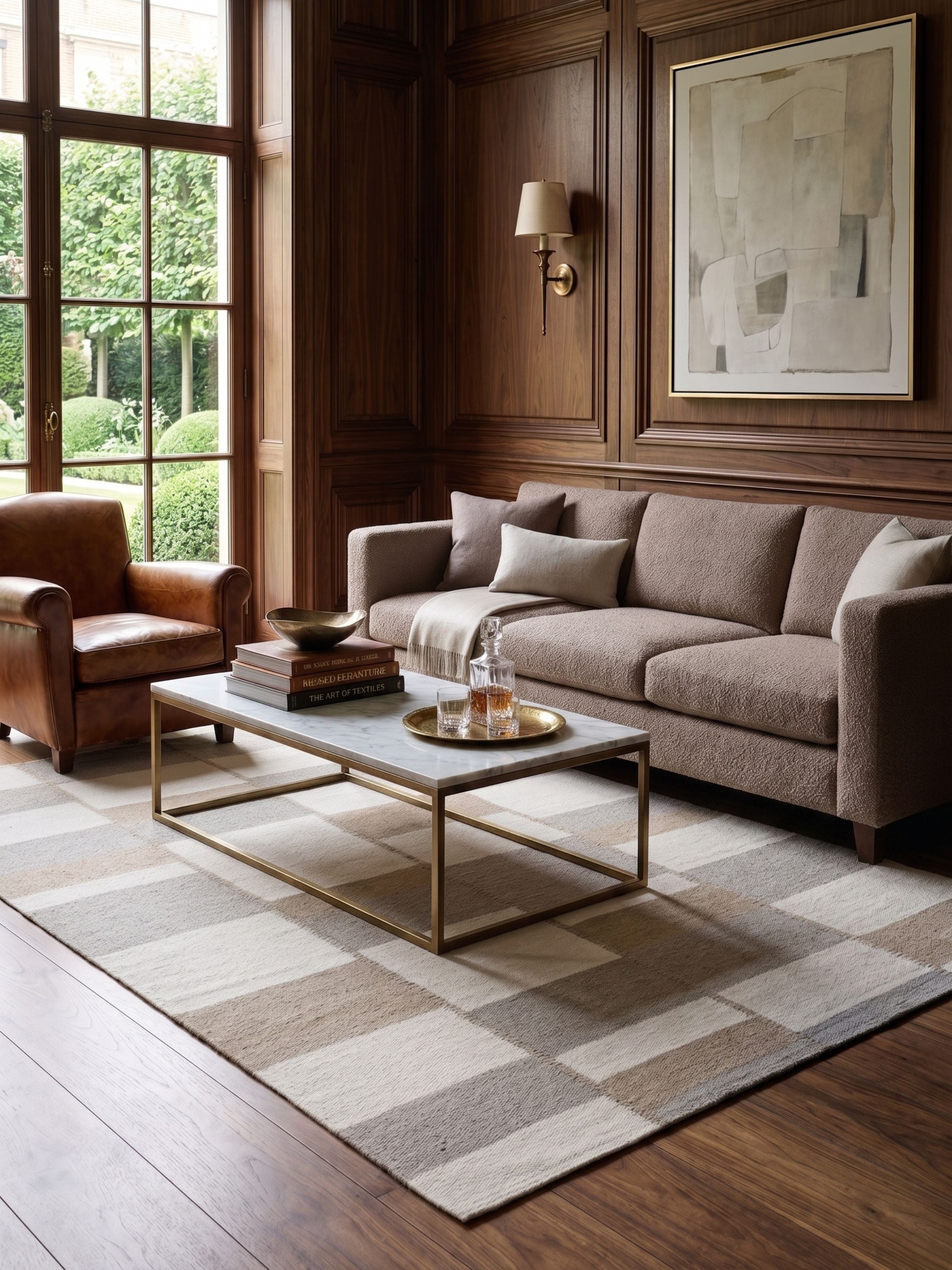 Neutral wool area rug in tonal beige checkered pattern styled in a living room with sofa and coffee table