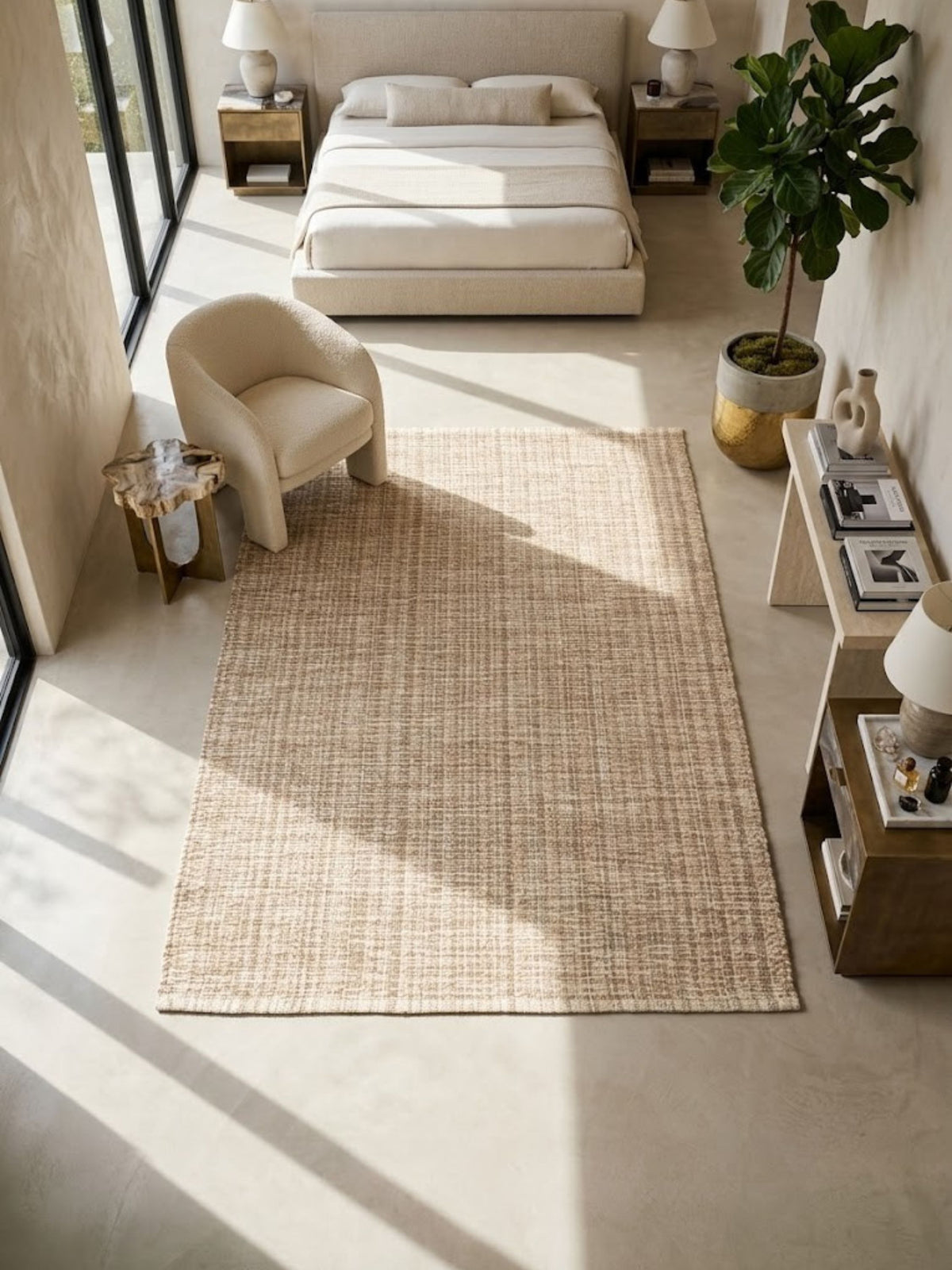Wool-cotton rug with a two-fiber texture, styled in a bedroom.