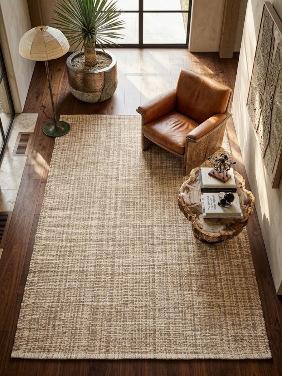Wool-cotton rug with a dimensional woven texture, styled in a living room.