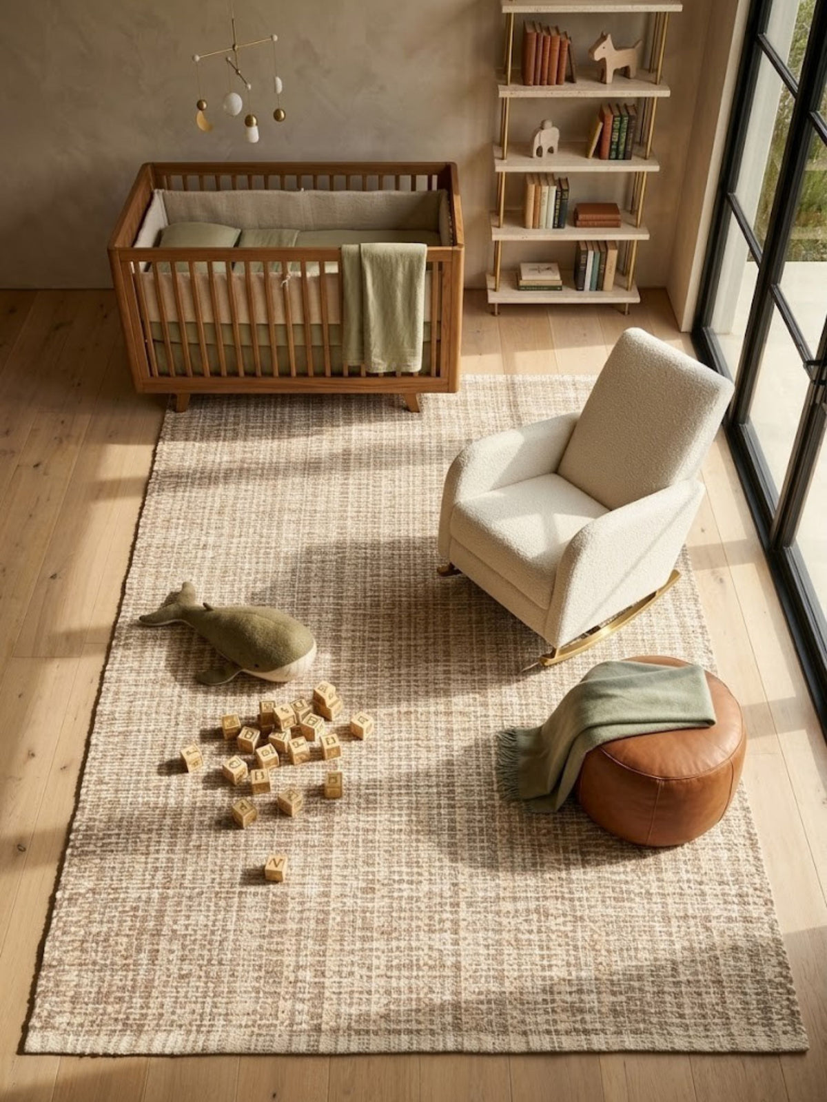 Wool-cotton rug with contrasting fiber texture, styled beneath a small table.